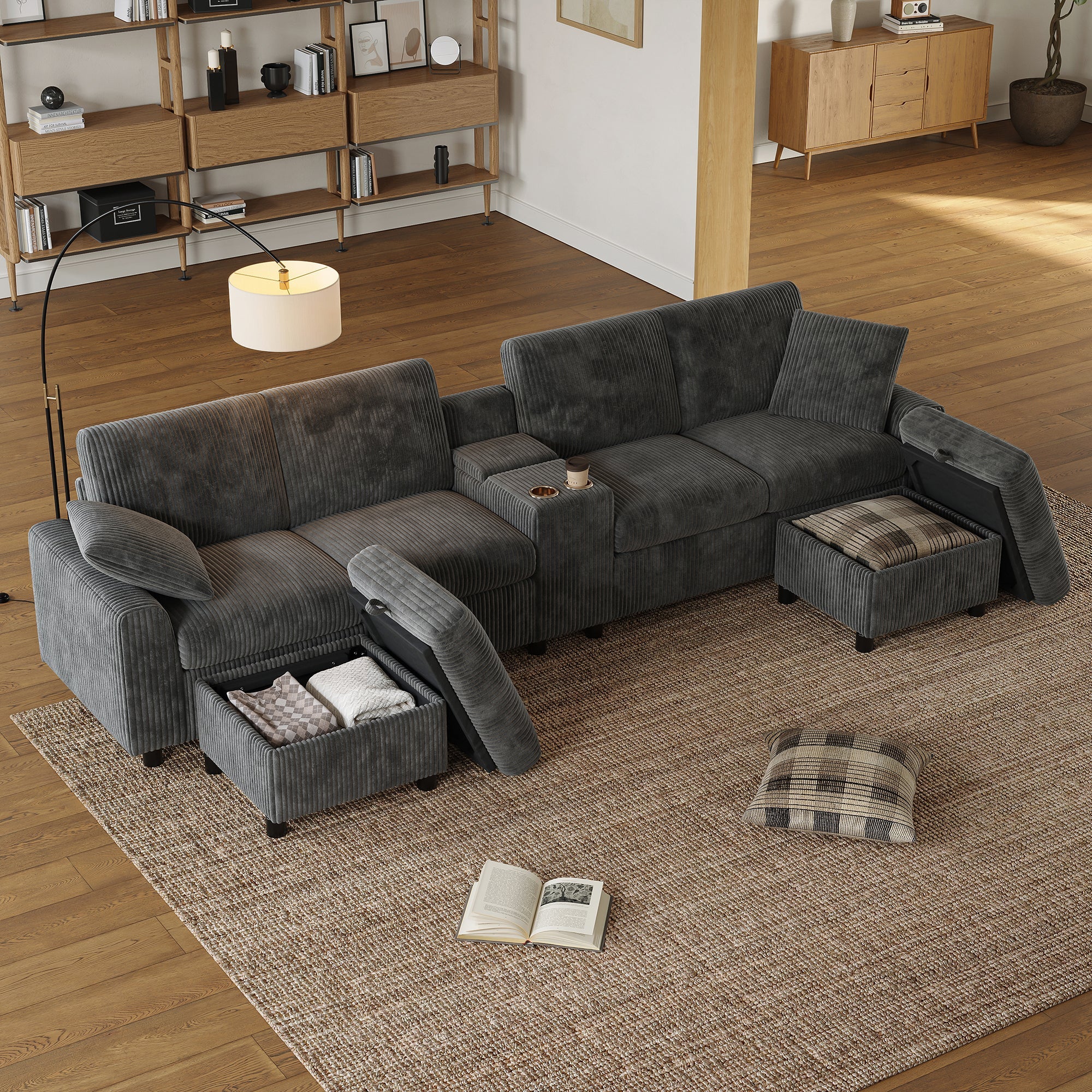 U-shaped Sofa with Storage Footstools Coffee Table USB Power Corduroy Grey