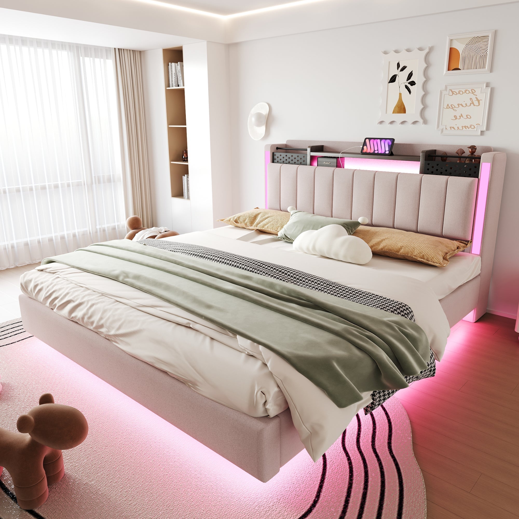 Upholstered Bed, 160*200 LED, USB, Storage, Floating, Linen Fabric, Beige
