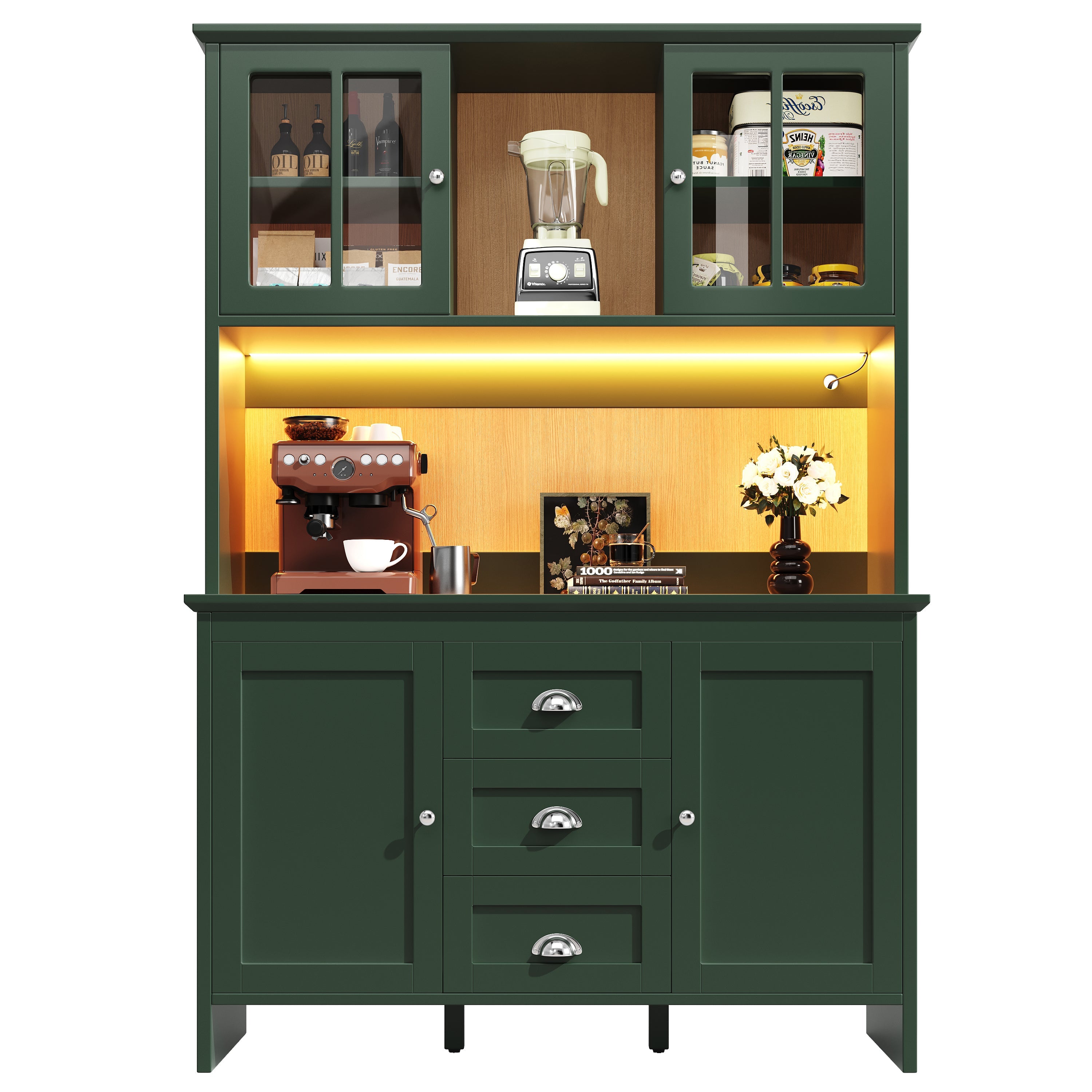 Tall Kitchen Cabinet Sideboard with Brown Glass Doors and LED Lighting, Green