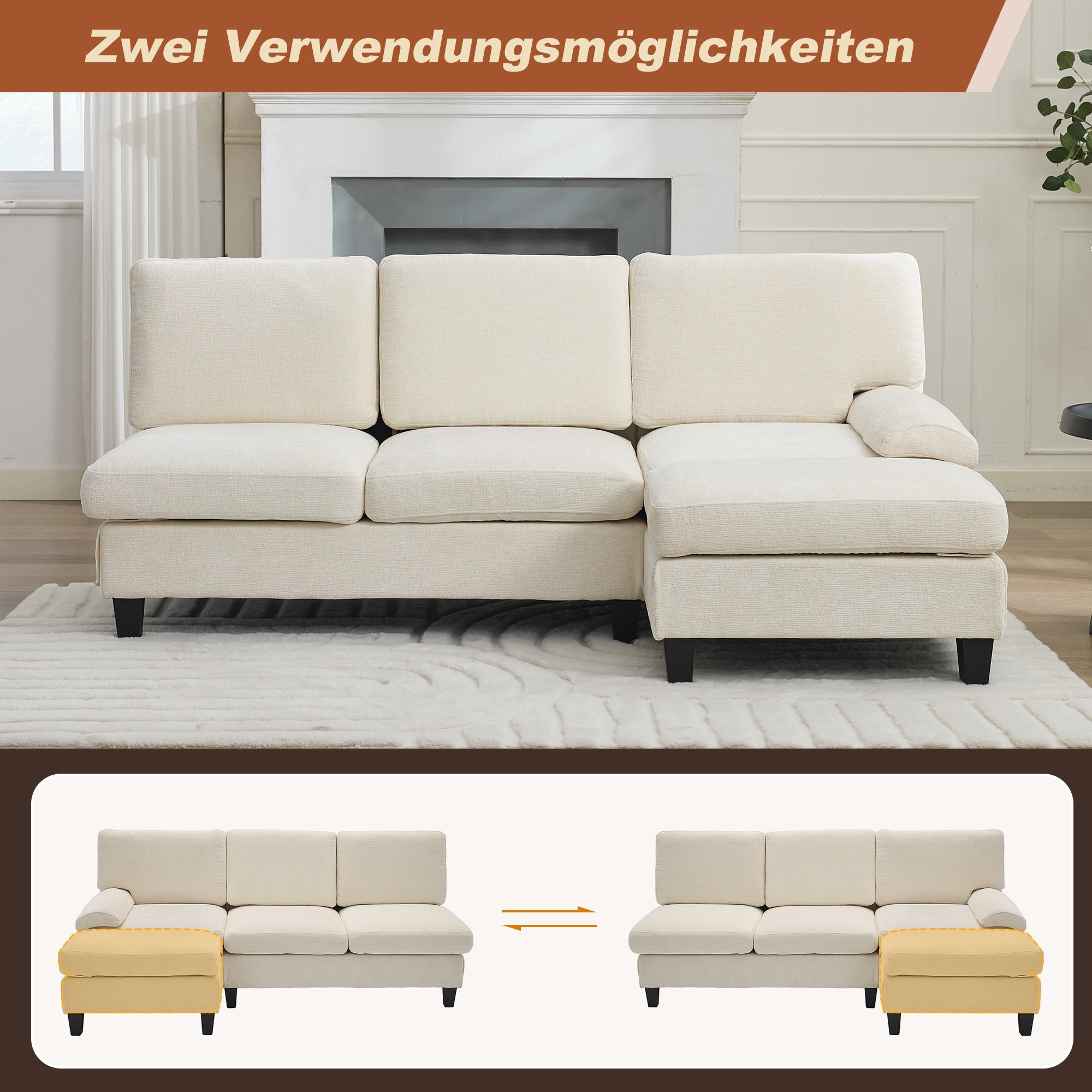 L-Shaped Sleeper Corner Sofa Upholstered 3-Seater Beige Linen