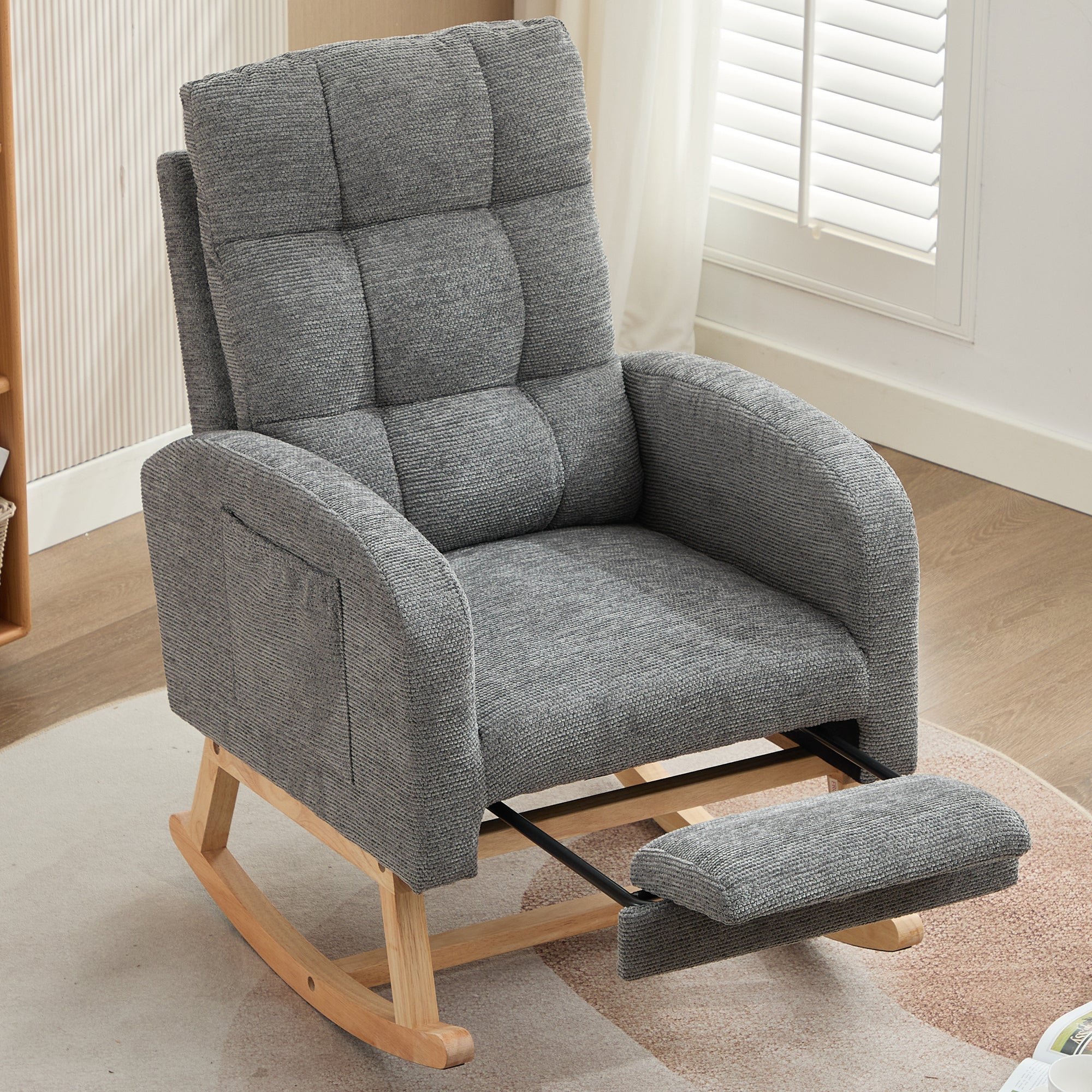 Rocking Chair with Adjustable Footrest, Solid Wooden Legs, Lounge Armchair, Grey Waffle Fabric