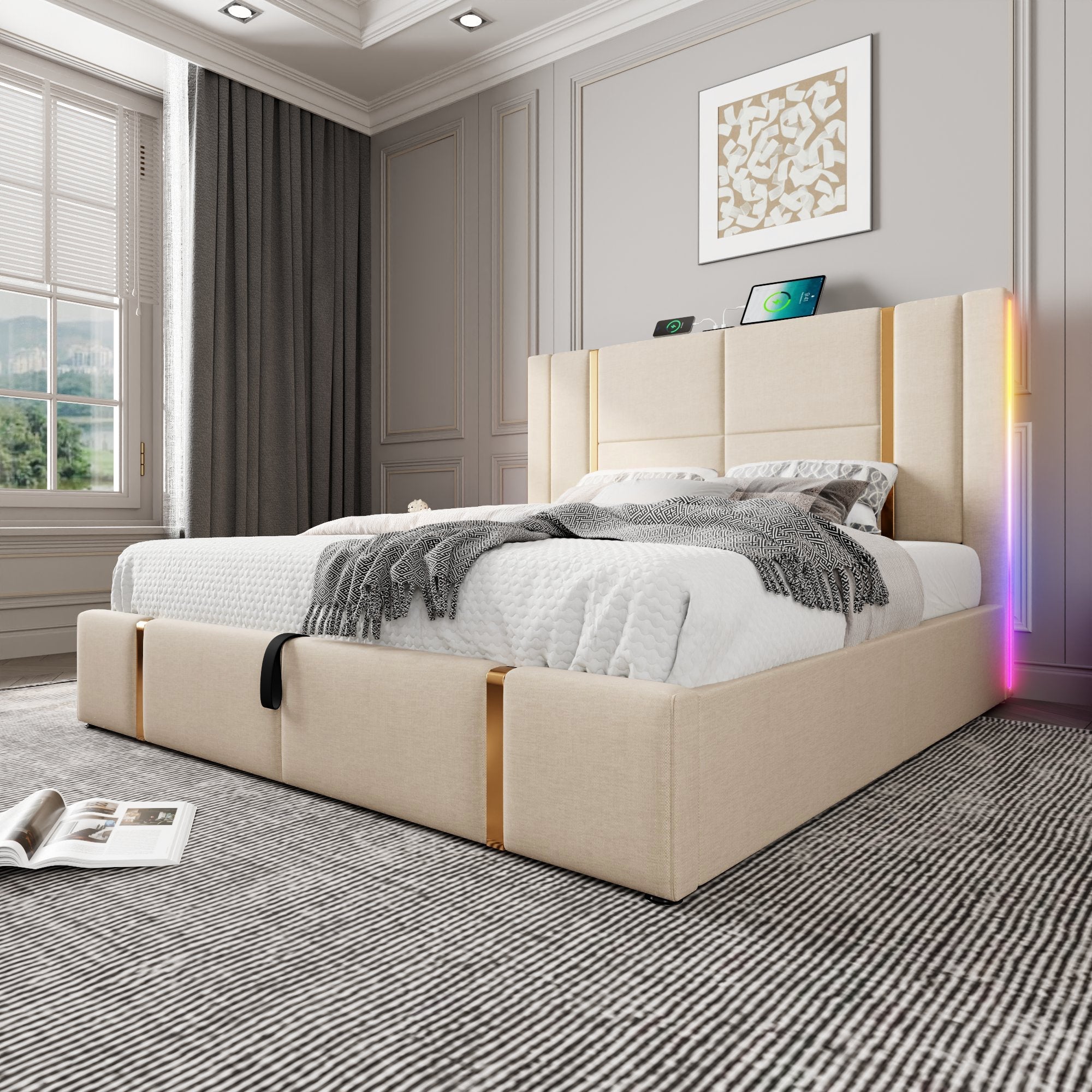 Upholstered Double Bed, USB C LED Storage Frame, Beige Linen