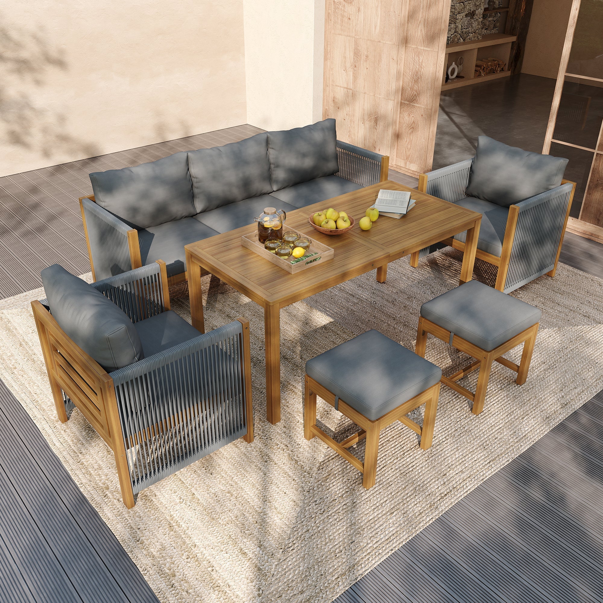 6-Piece Garden Furniture Set with Sofa, Stools and Acacia Tabletop, Grey