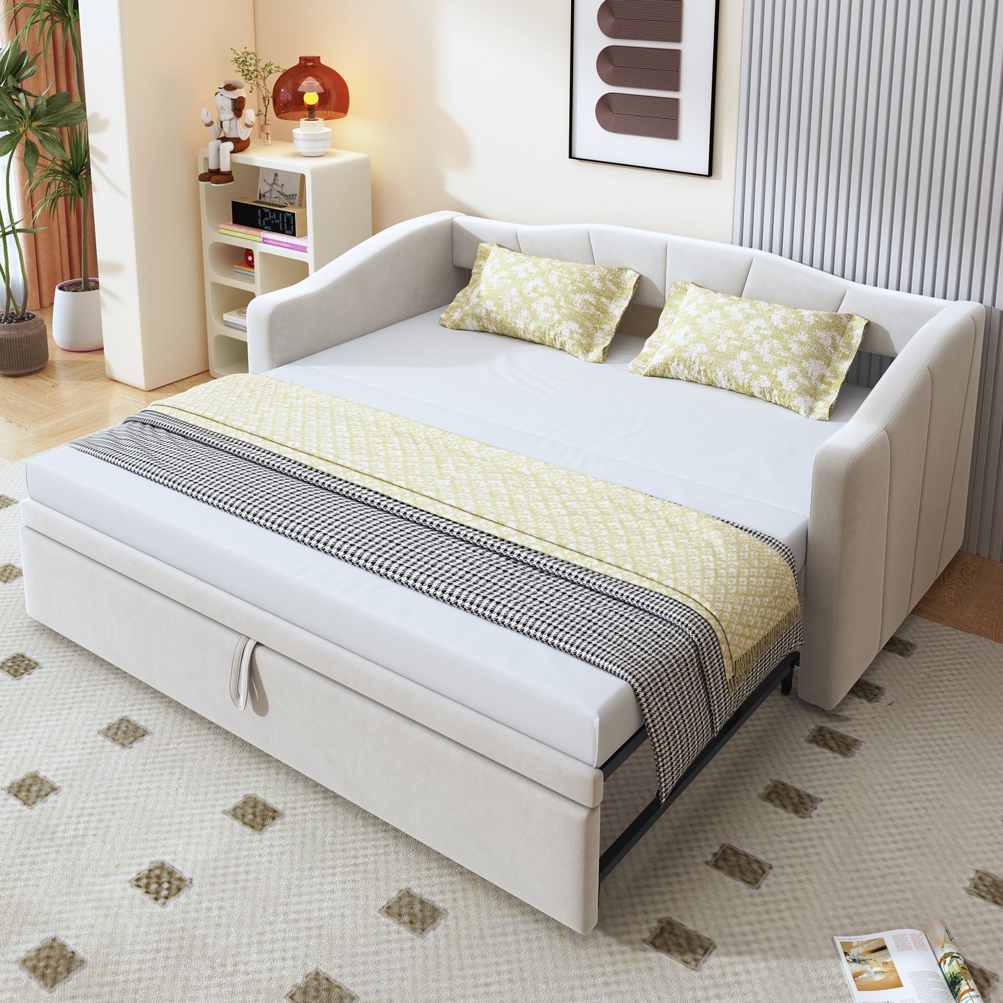 Extendable Daybed 90/180x200cm Multifunctional Slatted Base - Velvet Beige