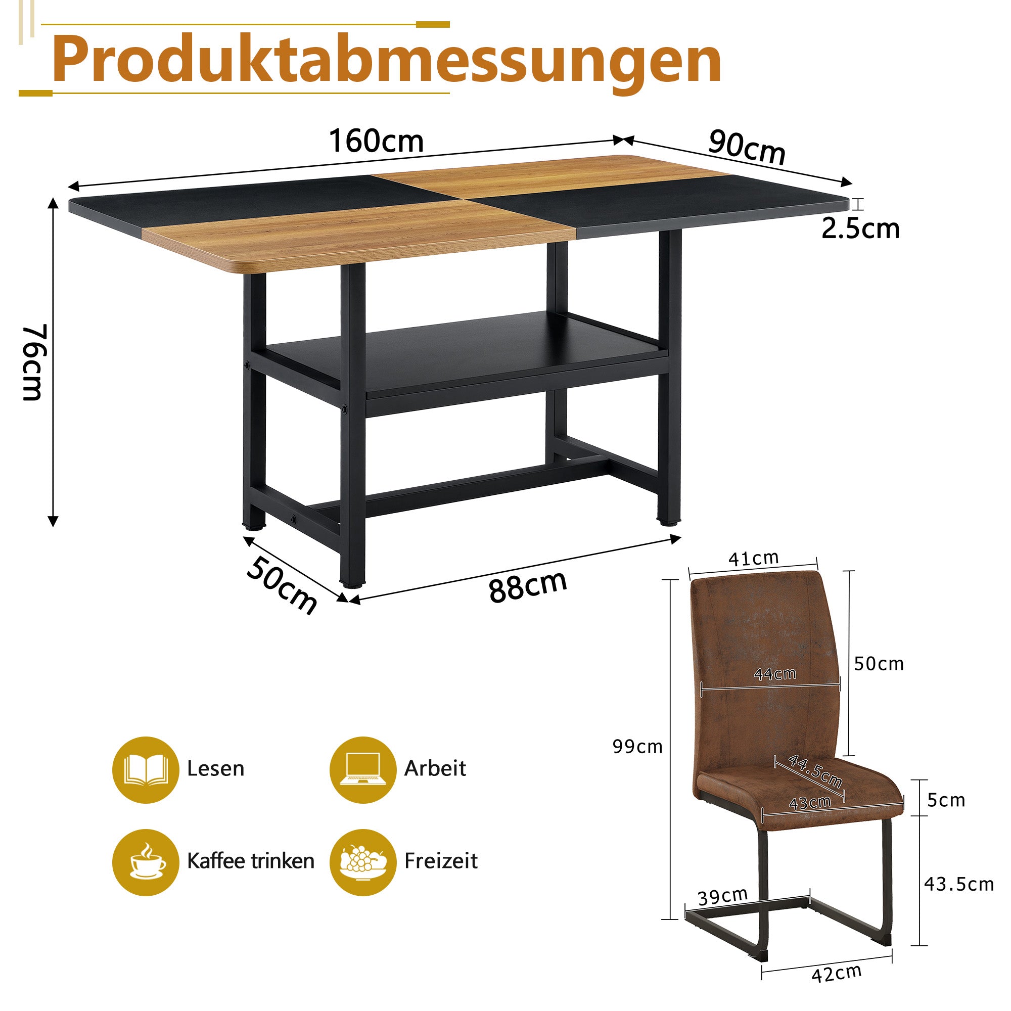 Dining Set Rectangular Table Storage Shelf 4 Armchairs 160x90cm - Brown Tech Fabric