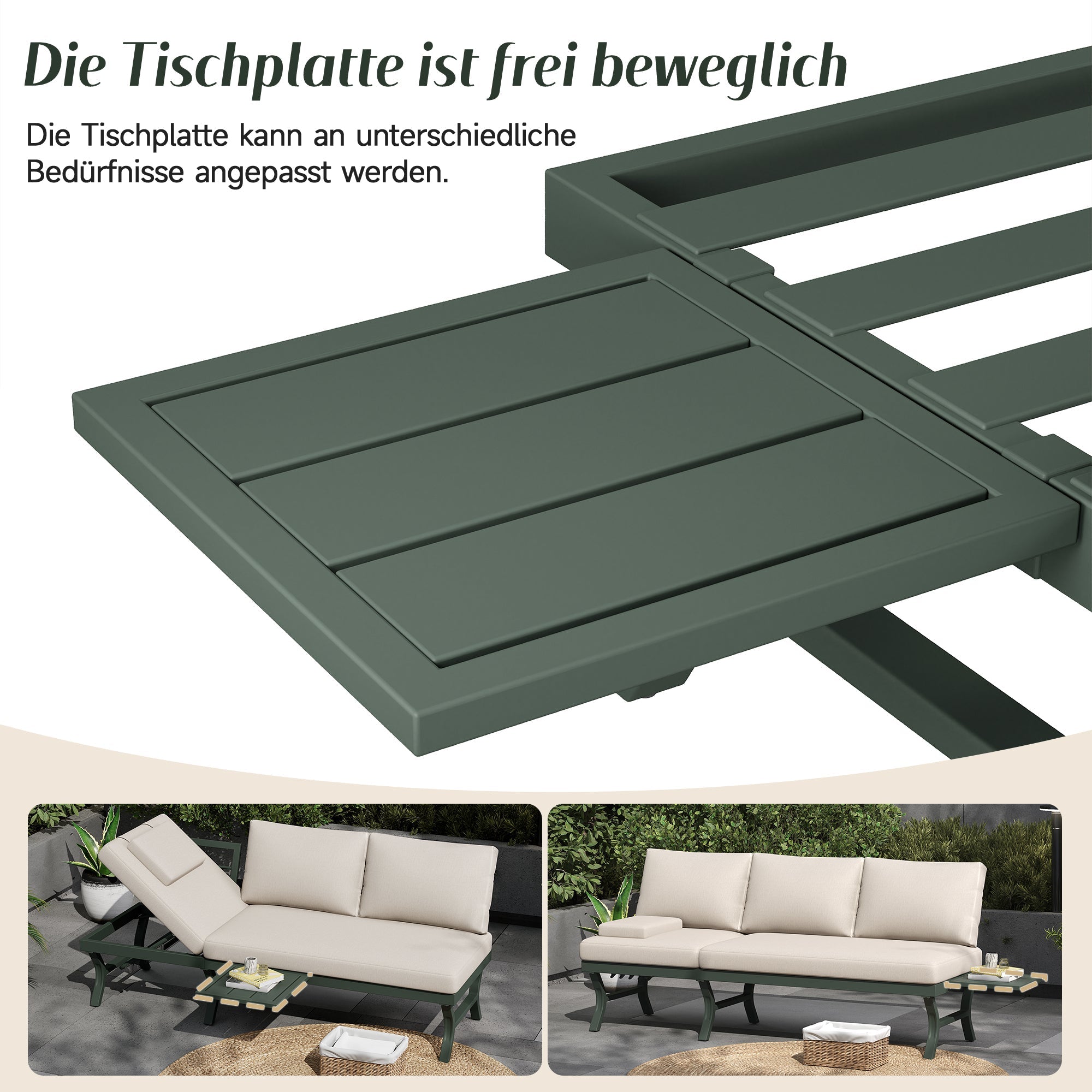 3-Seater Outdoor Sofa Garden Furniture Set with Adjustable Reclining Function and Table, Green Galvanized Steel Tube