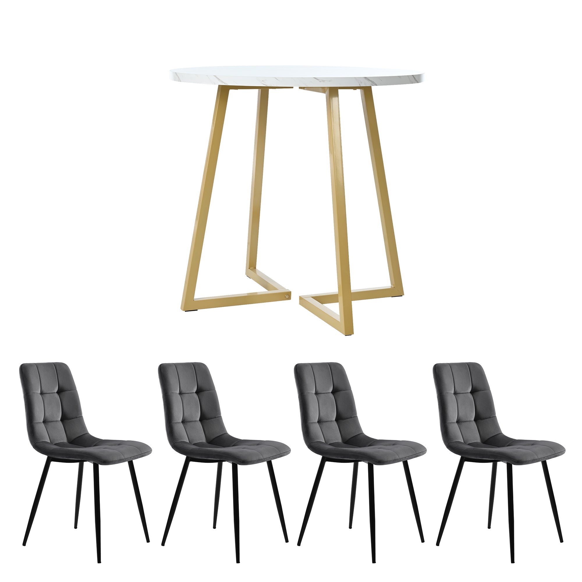 Dining Table Set Round 80cm Gold Metal Legs White MDF/Dark Grey Velvet