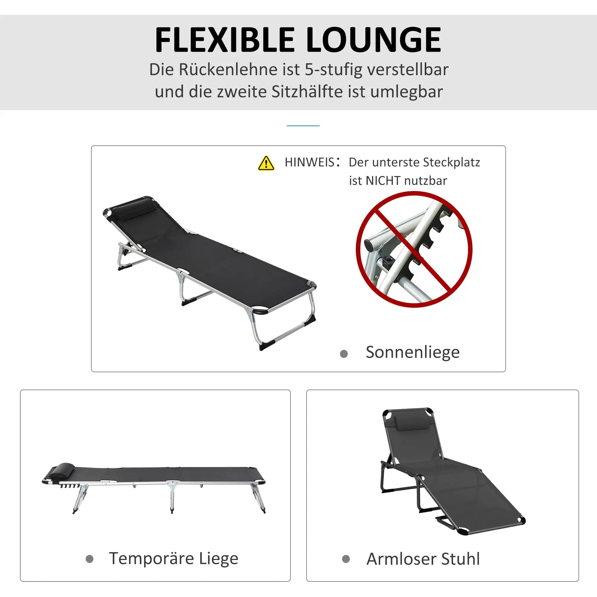Sun Lounger Adjustable Foldable Ergonomic 170x60x76cm Mesh Fabric Black