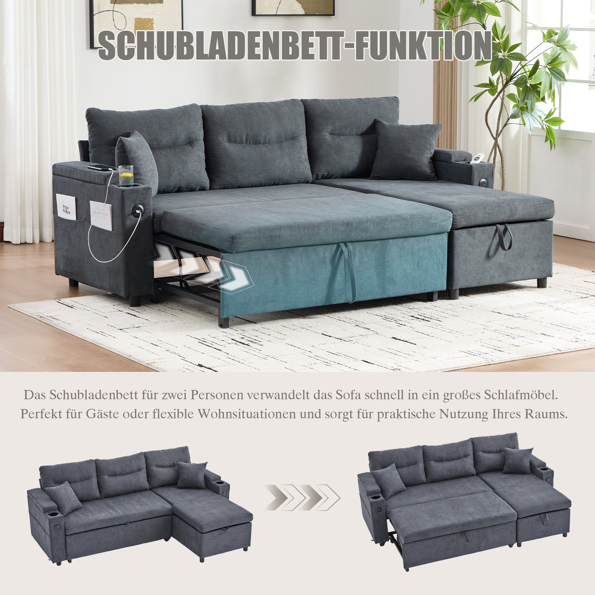 3-Seater Sofa Bed with Storage, Cup Holders and USB-C, Linen Fabric
