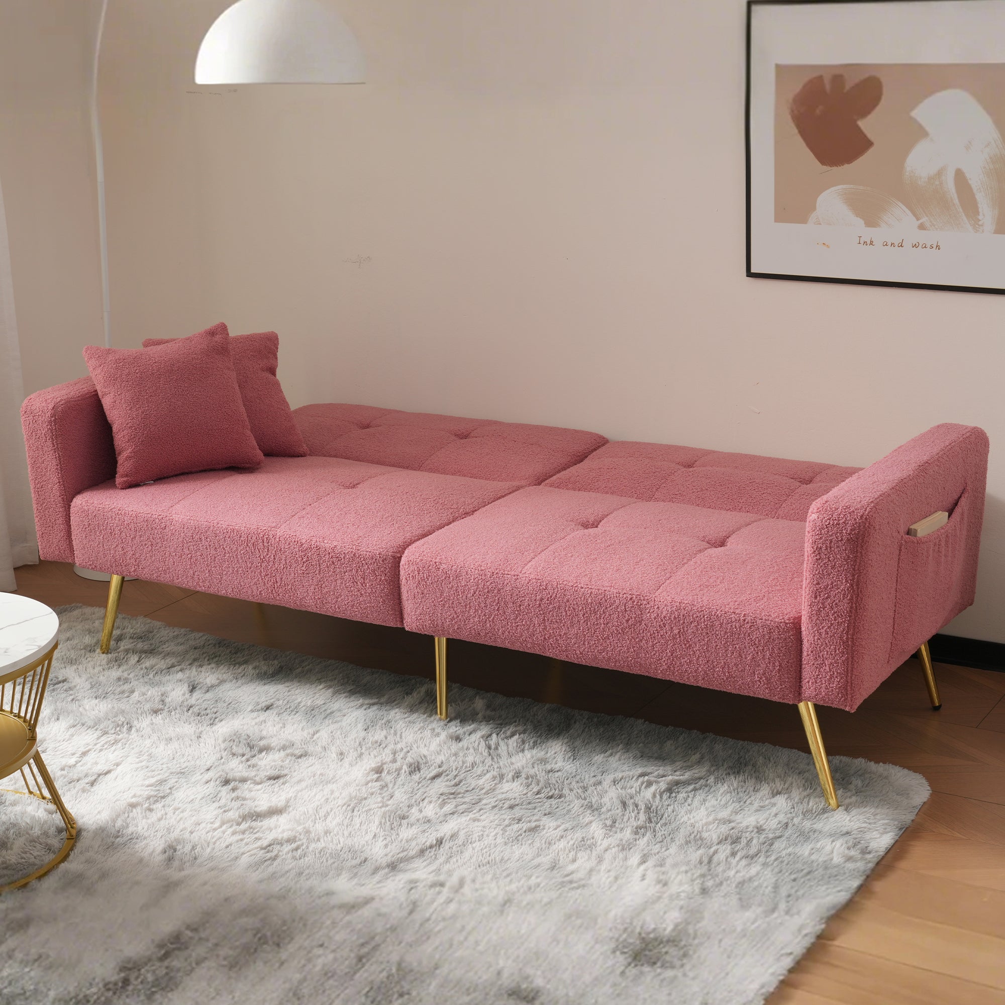 Sofa Bed, Adjustable Backrest, Gold Legs & Storage Pockets