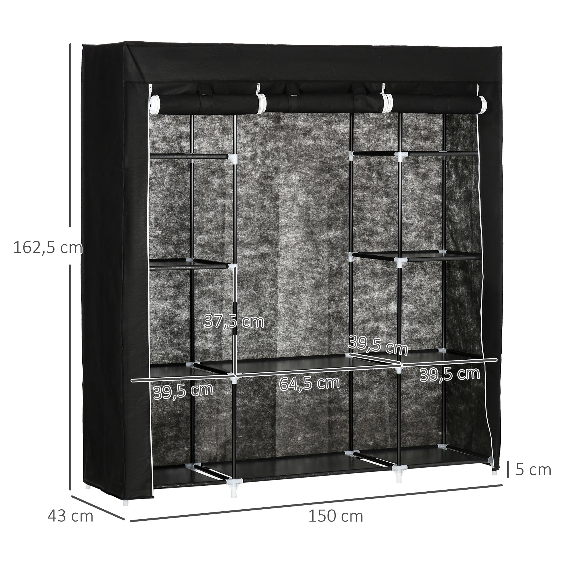 Fabric Wardrobe, Zippered 1 Clothes Rail 10 Shelves, Nonwoven Fabric