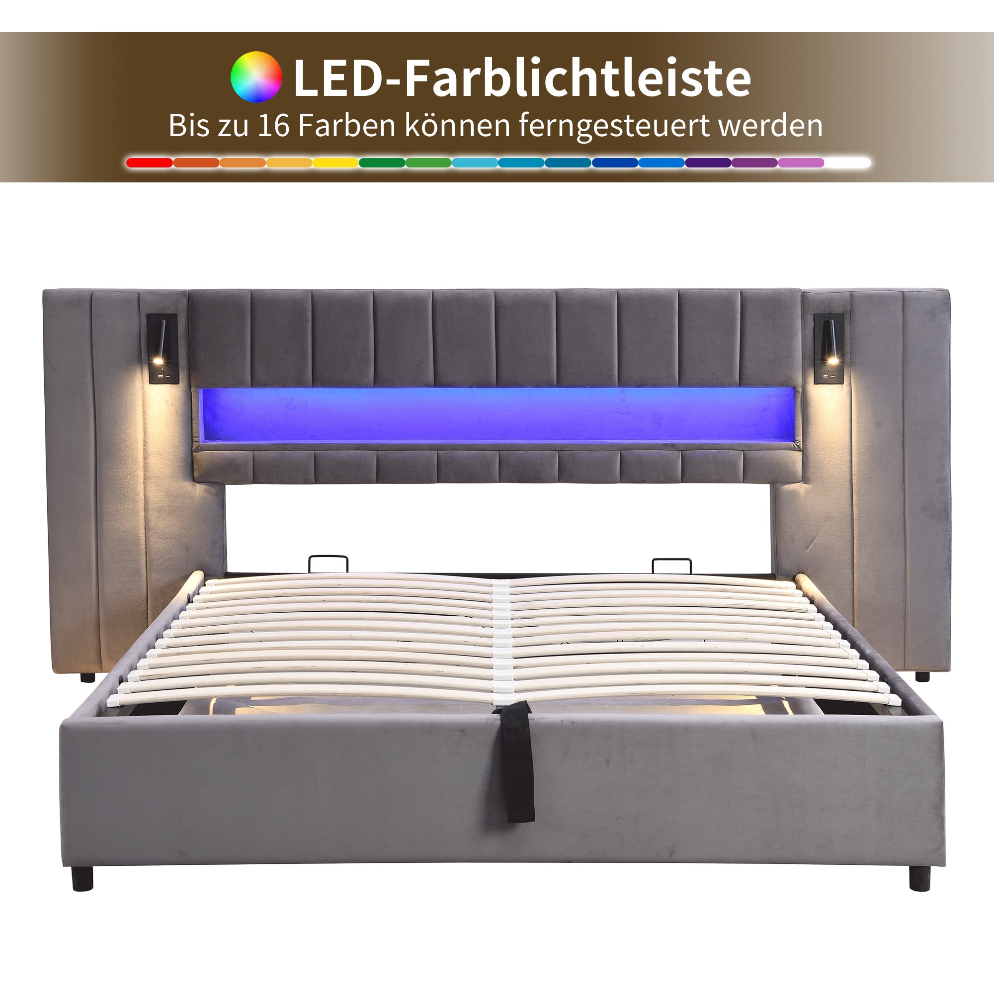 Upholstered Double Bed with USB Port, LED Lighting and Storage, 160x200cm, Grey Velvet