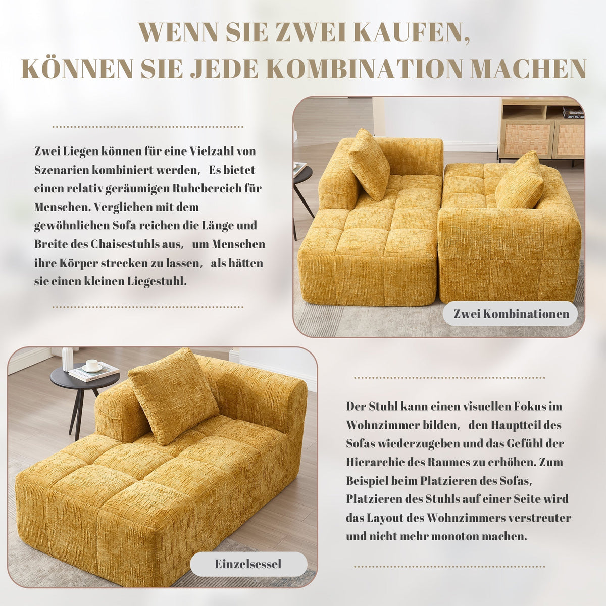 Chaise Longue Sofa, Soft with Side Pockets, No Assembly, Yellow