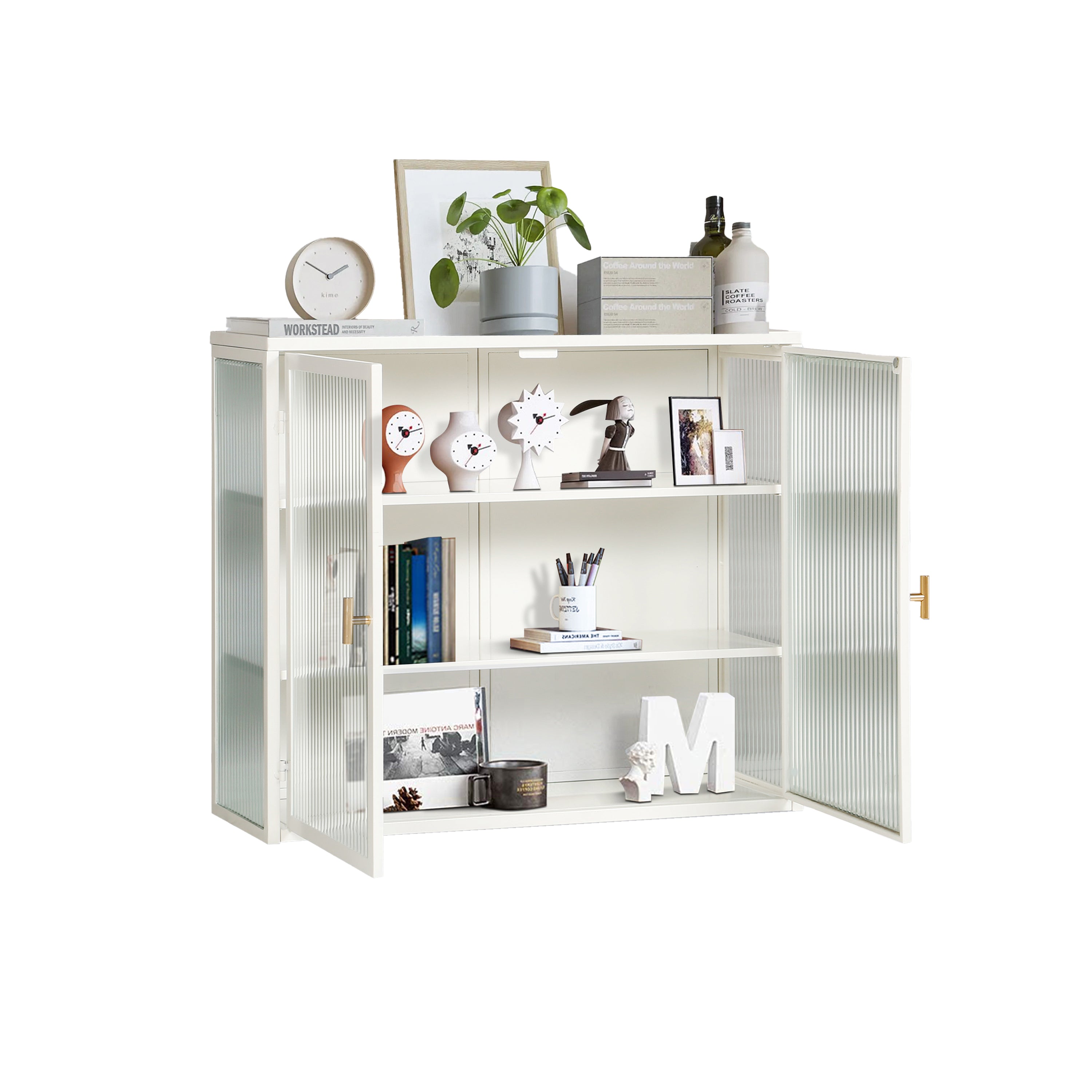 70CM Glass Doors Modern Two-Door Wall Cabinet with Three-Tier Storage White