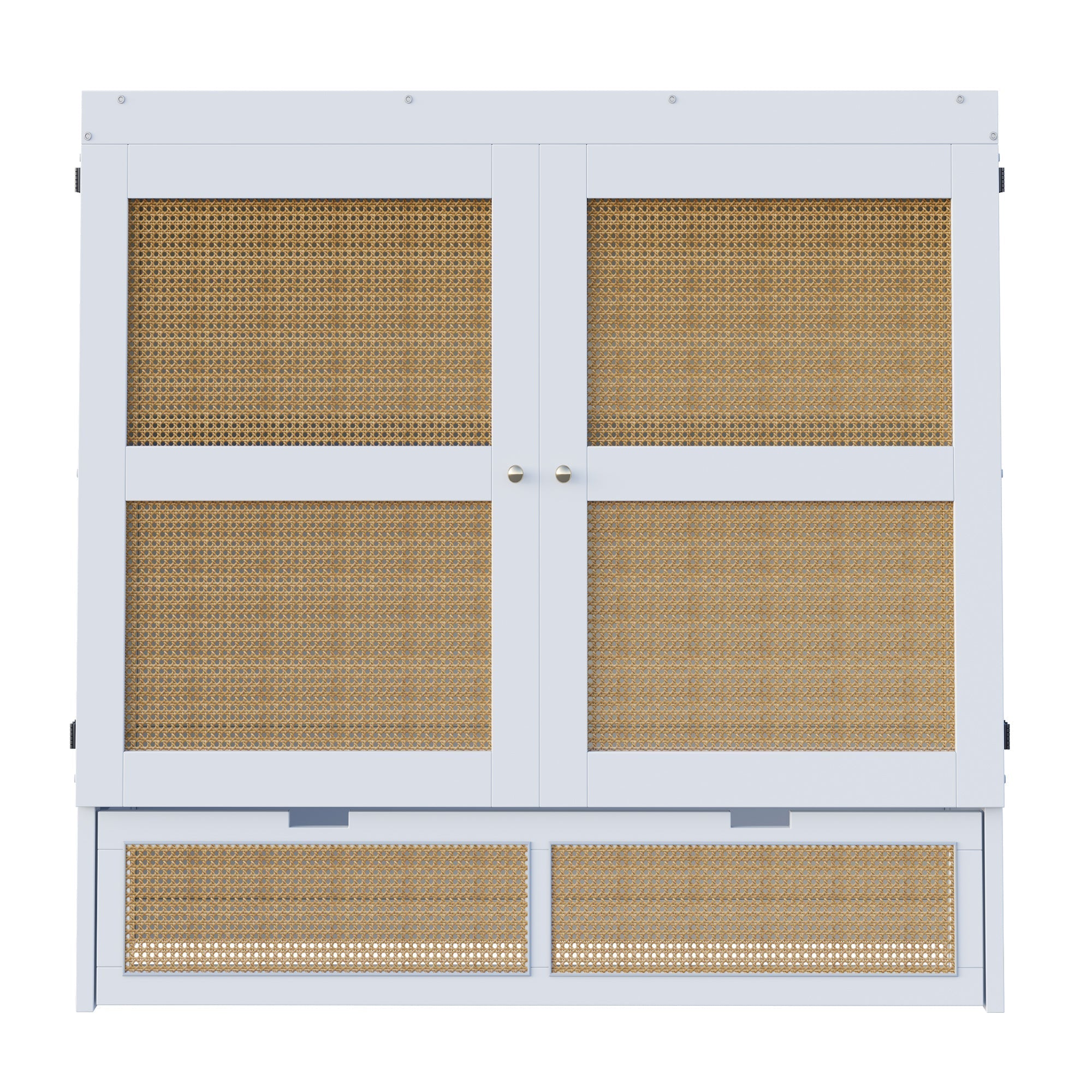 Wall Bed 140x200cm, Vertical with Slatted Frame & Storage Drawers, Rattan Design White
