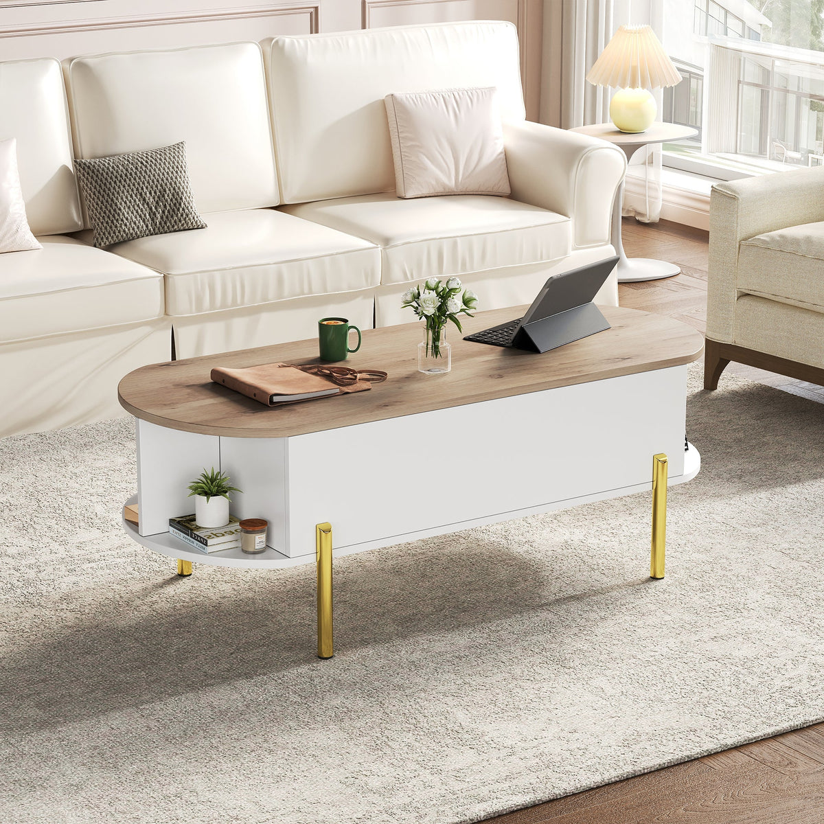 Coffee Table 120x50x43cm Height-Adjustable Hidden Storage 7 Shelves Wood/White