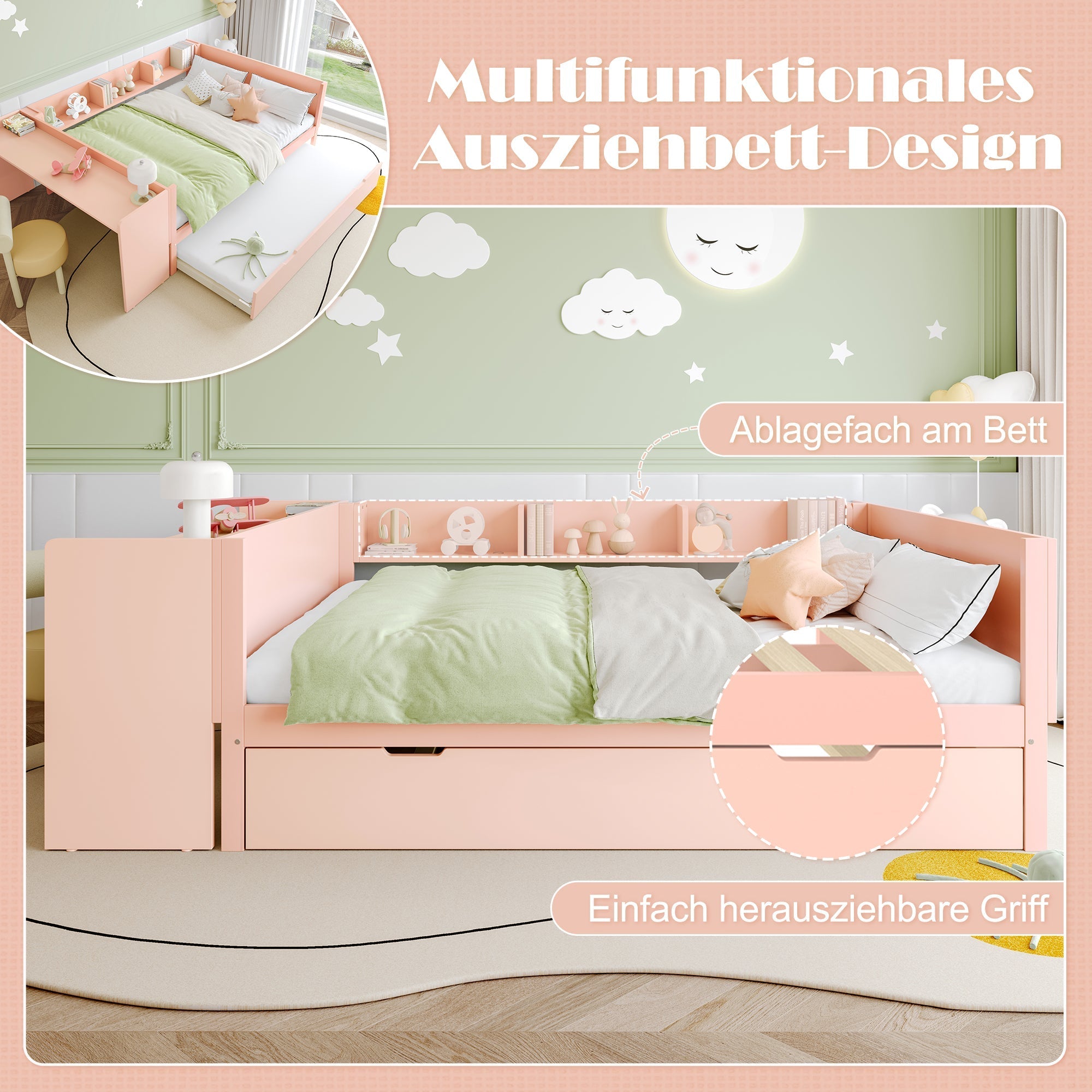 Wooden Flatbed Double Bed with Desk, Trundle and Shelves, 140x200cm, Pink