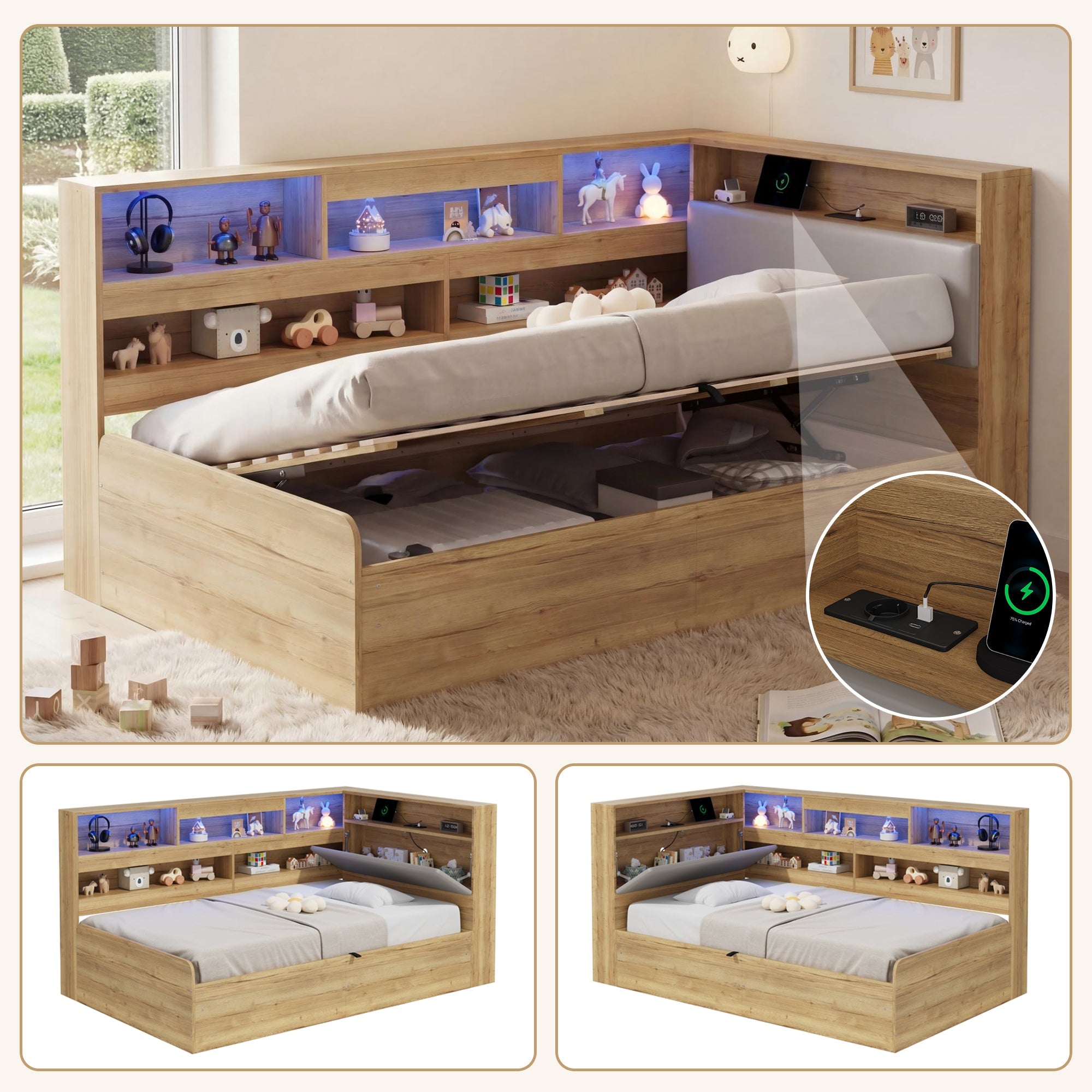 Daybed with Hydraulic Storage, USB Charging and LED Lighting, 90x200cm, Natural Wood