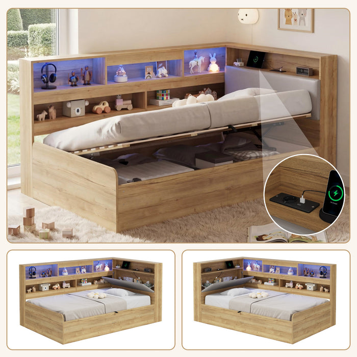 Daybed with Hydraulic Storage, USB Charging and LED Lighting, 90x200cm, Natural Wood