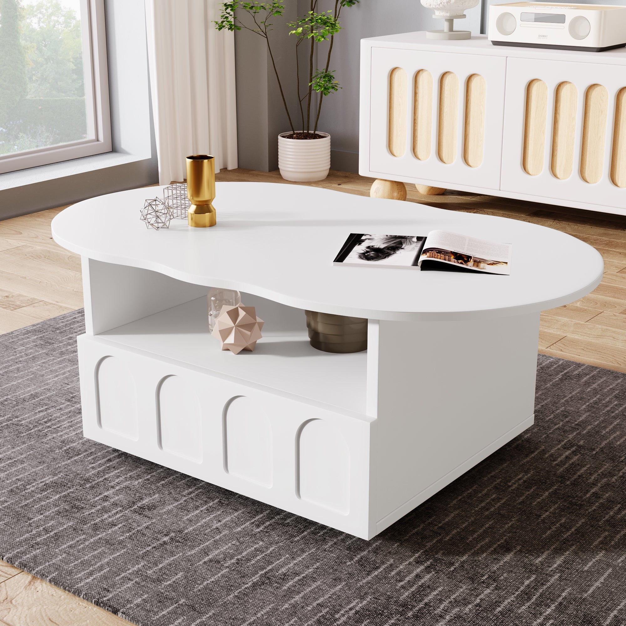 Coffee table, cloud-shaped with drawers and storage compartments