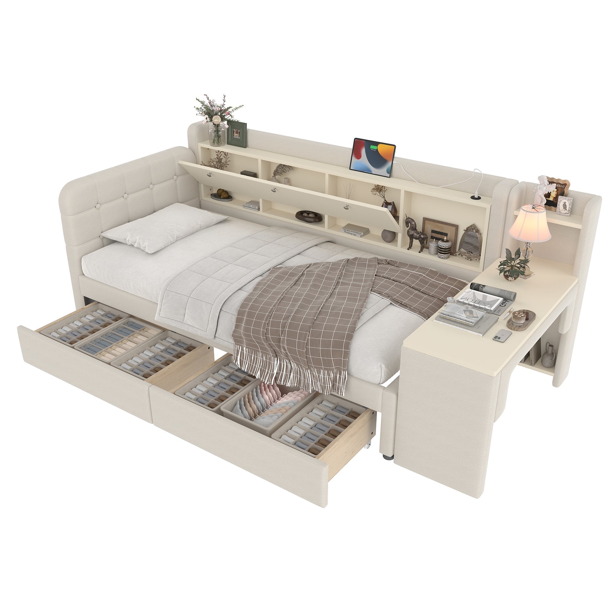 Daybed with Desk and Drawers, USB Ports and Storage, Beige Linen