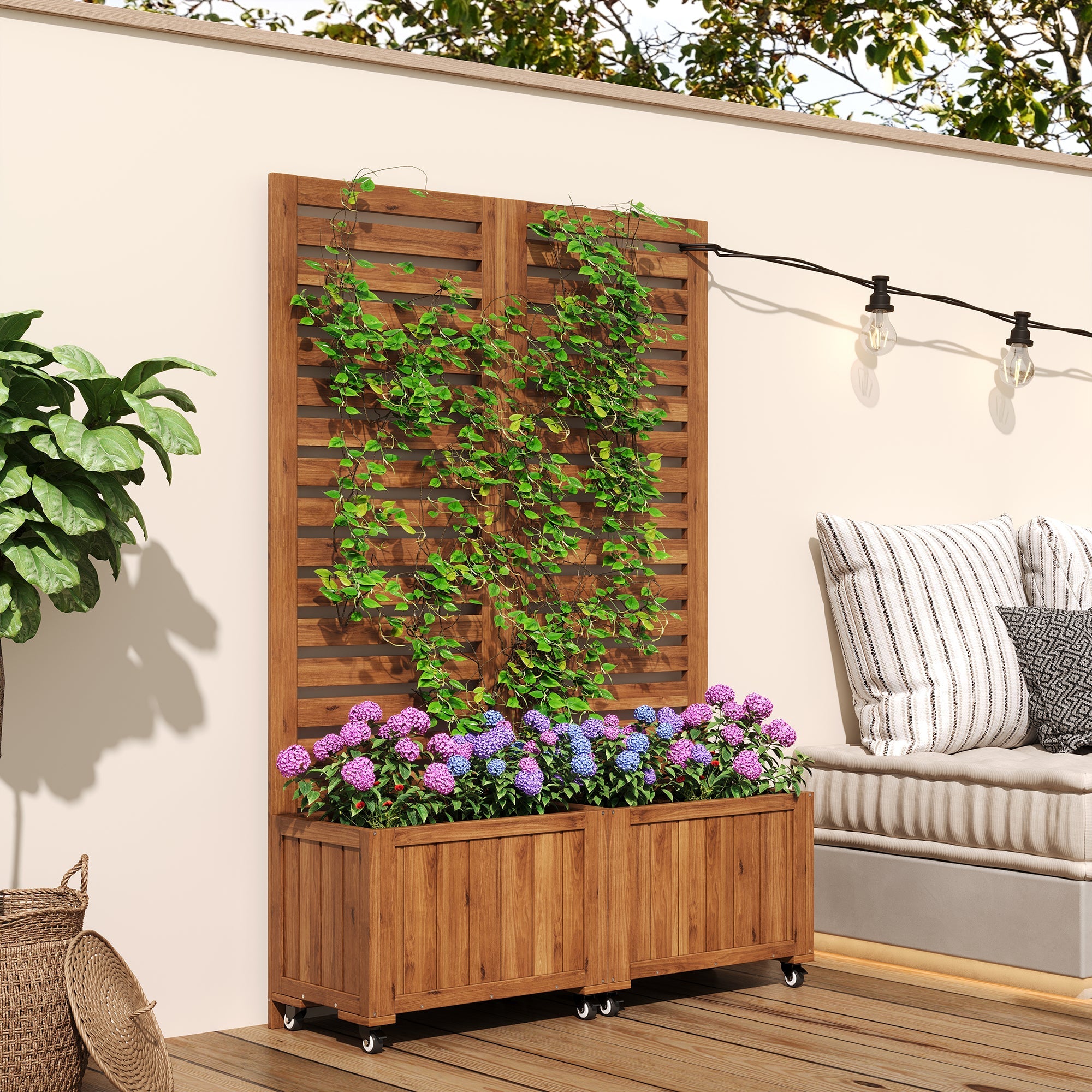 Planter Box with Trellis & Folding Wheels - Brown Solid Wood