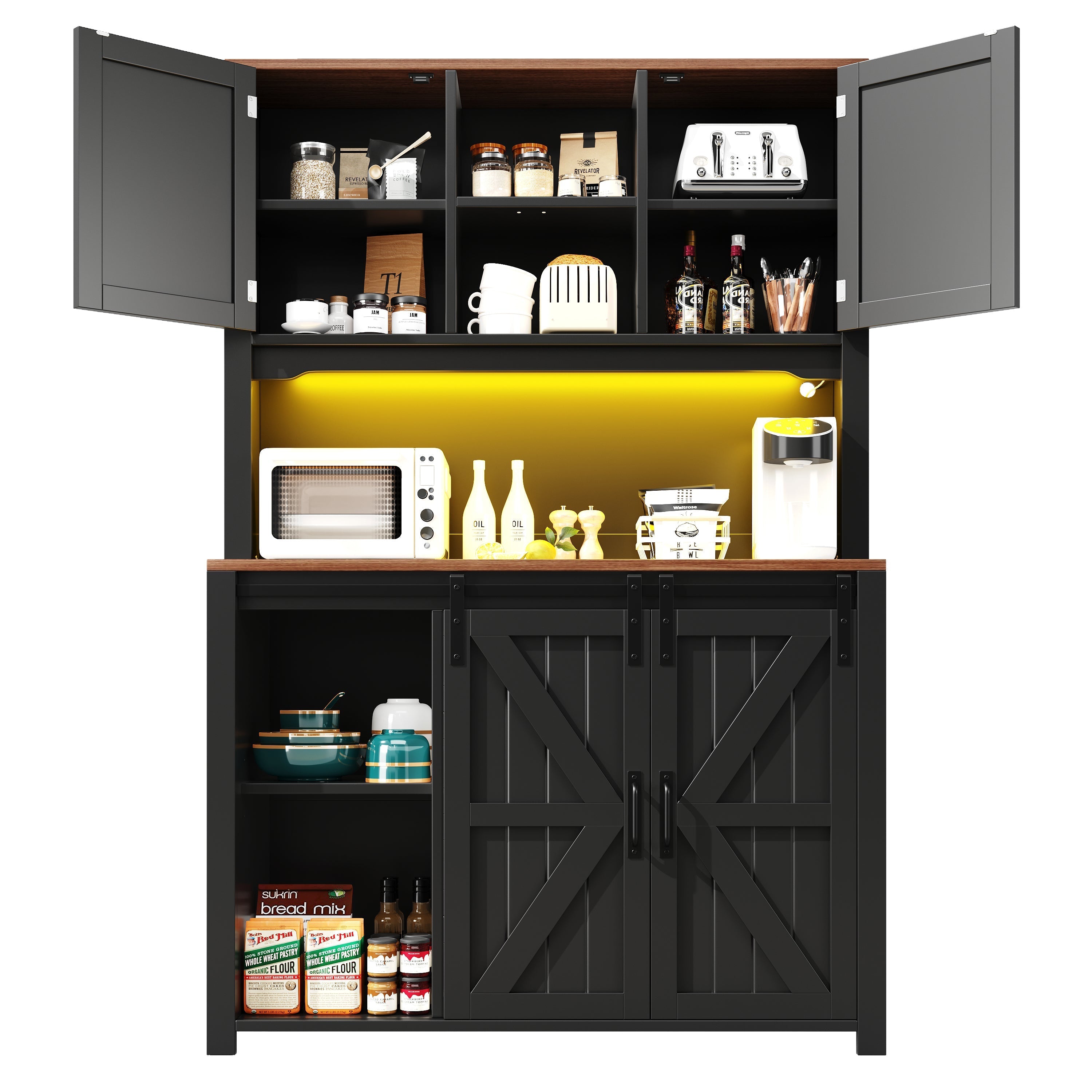 Tall Kitchen Sideboard 115x40x175cm Sliding Doors LED - Black/White