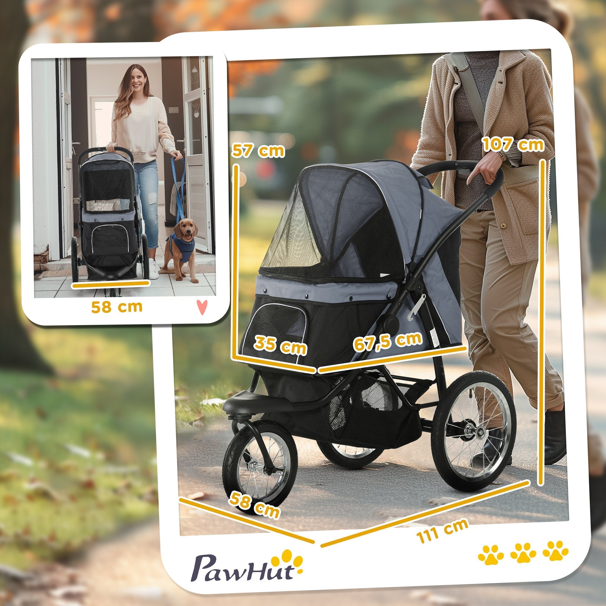 Dog Buggy Foldable, Reflectors, Storage Basket, Sunshade, Mesh Window, Oxford Grey