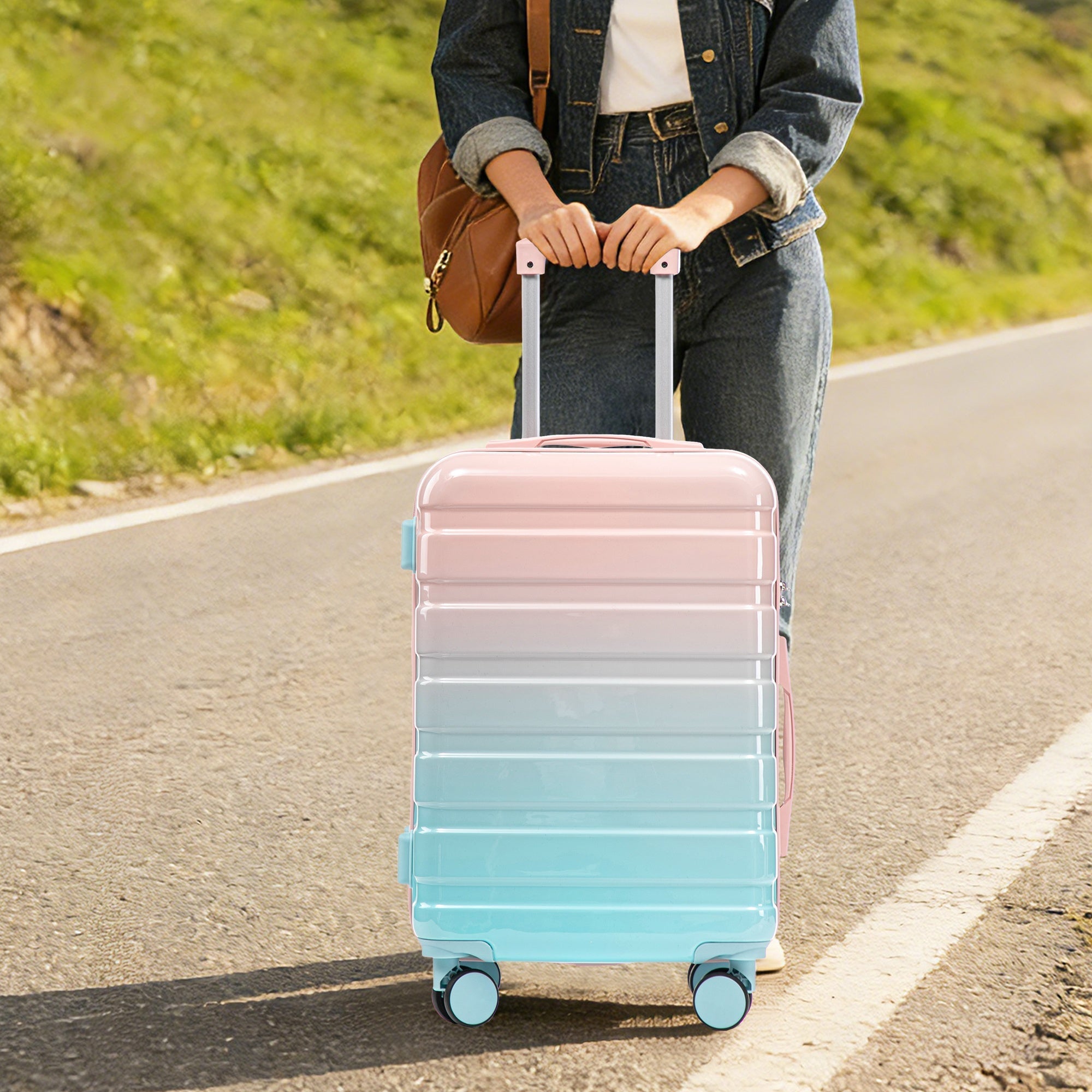 PC Spinner Luggage Set 4-Piece with Combination Lock and Cosmetic Bag - Pink