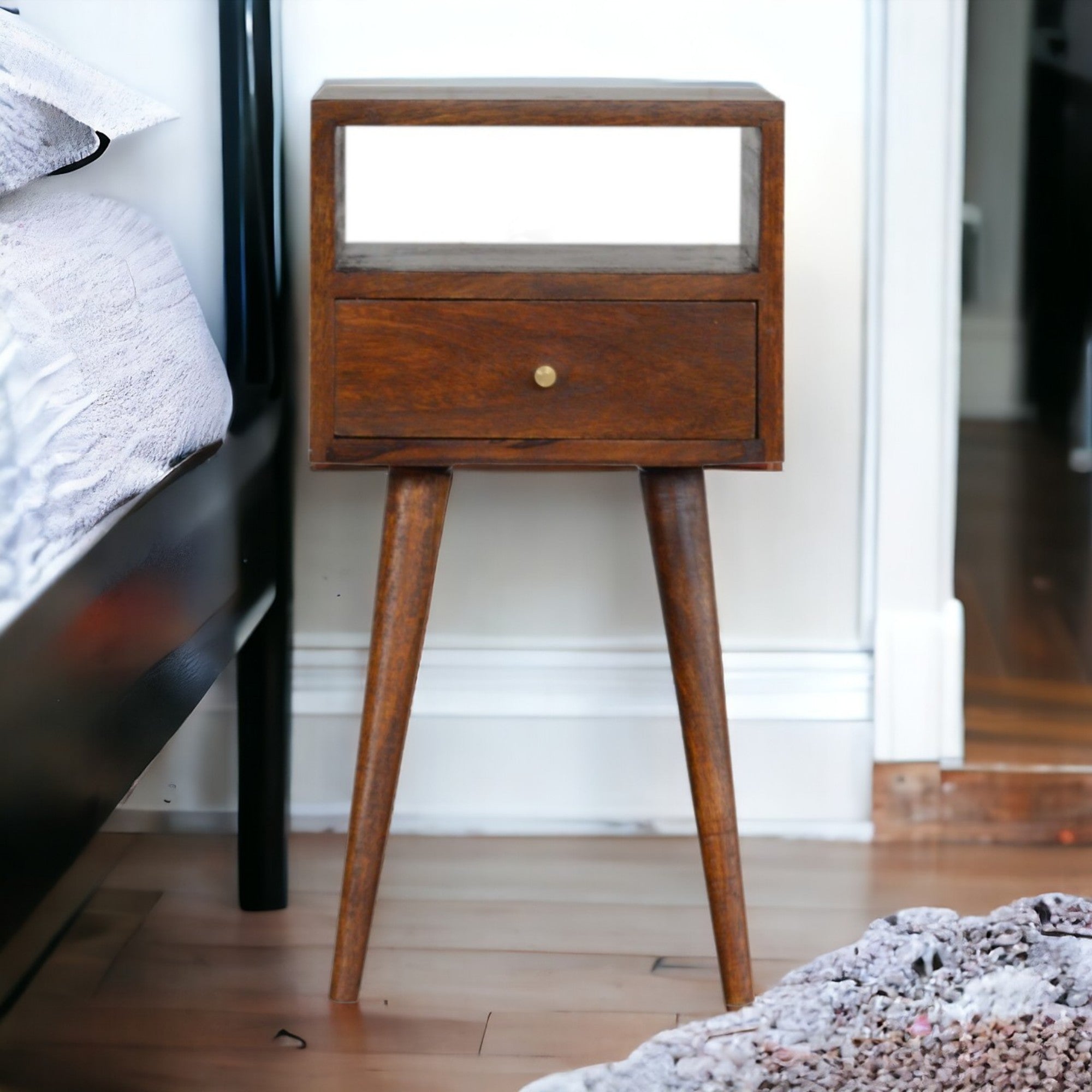 Solid Wood Mini Bedside, 1 Drawer Open Shelf, Dark Brown