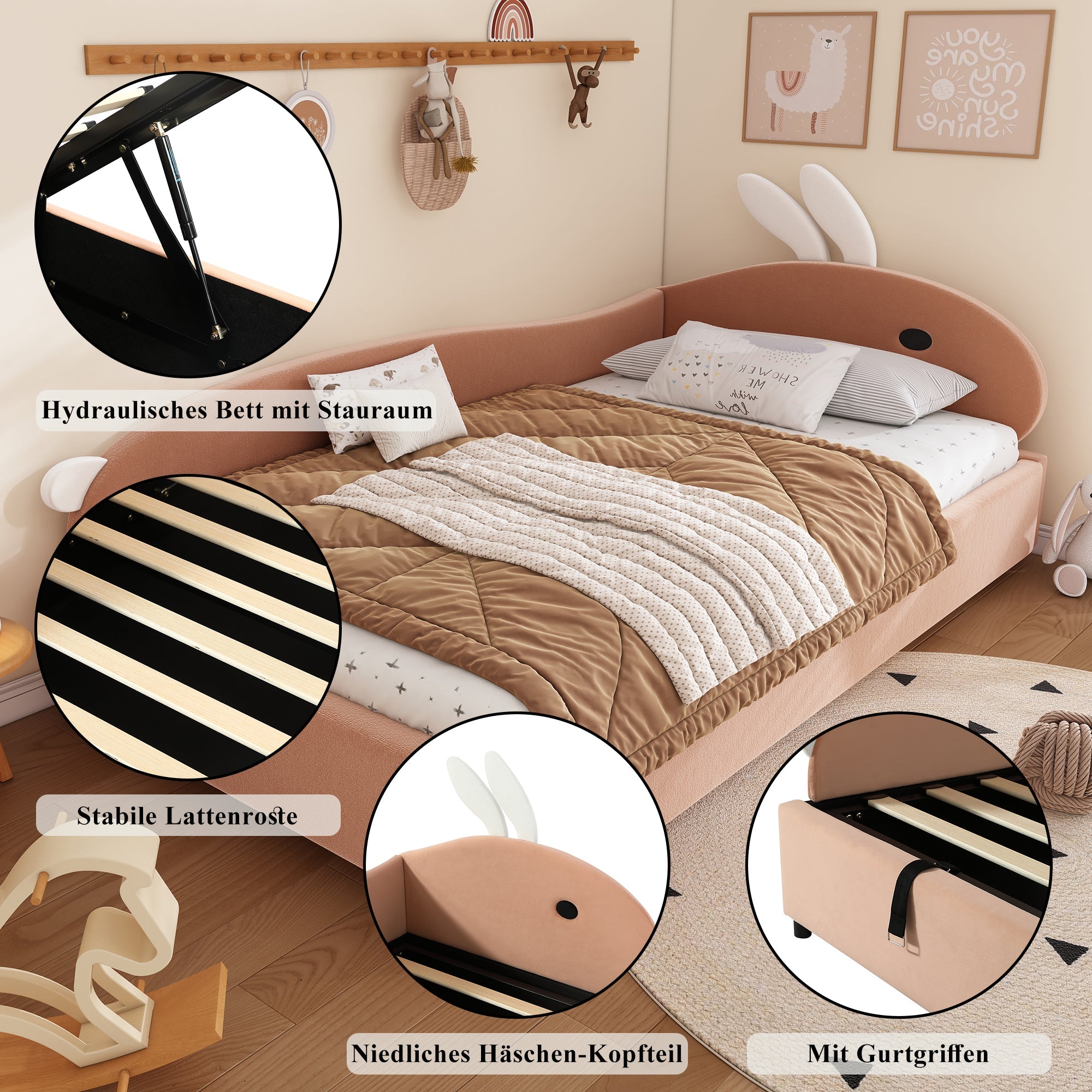 Upholstered Bed, Single Children's Hydraulic with Bunny Headboard, Velvet Pink+White