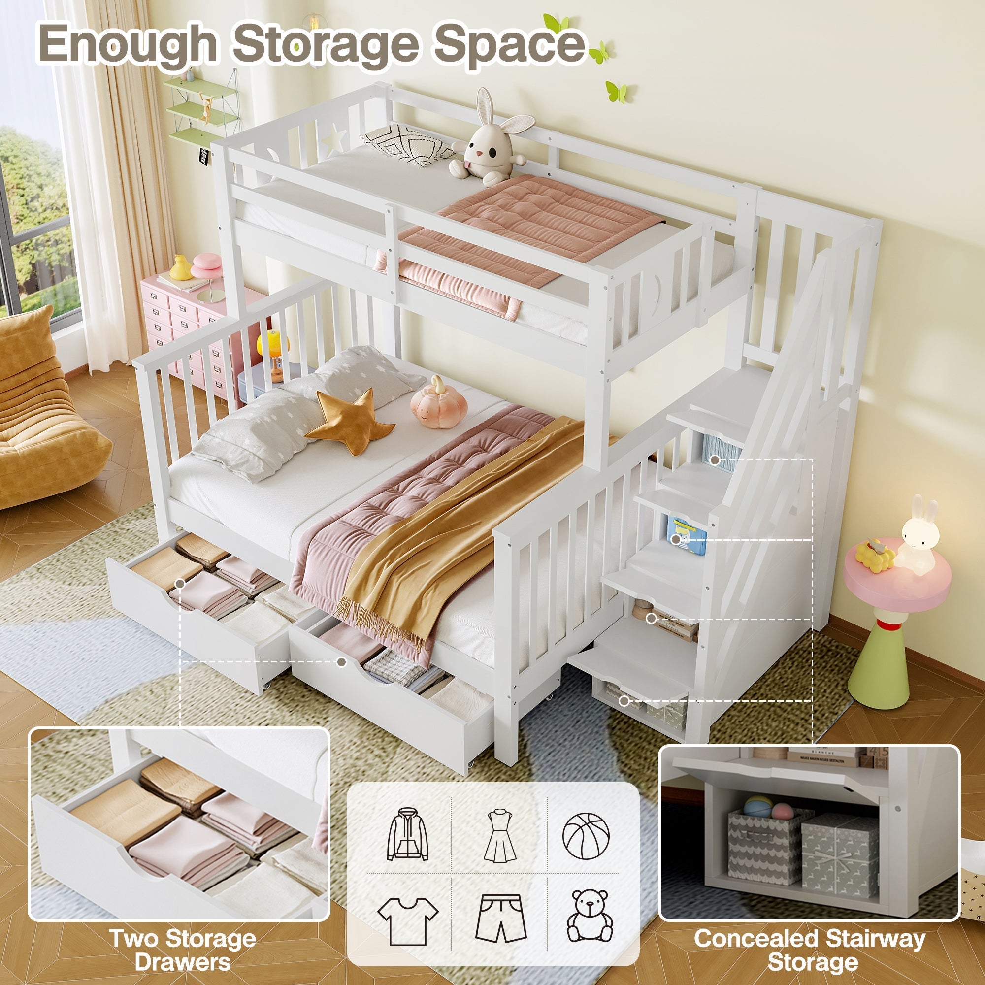Bunk Beds for Kids, Double High Sleeper Frame with Storage & Guardrail, White