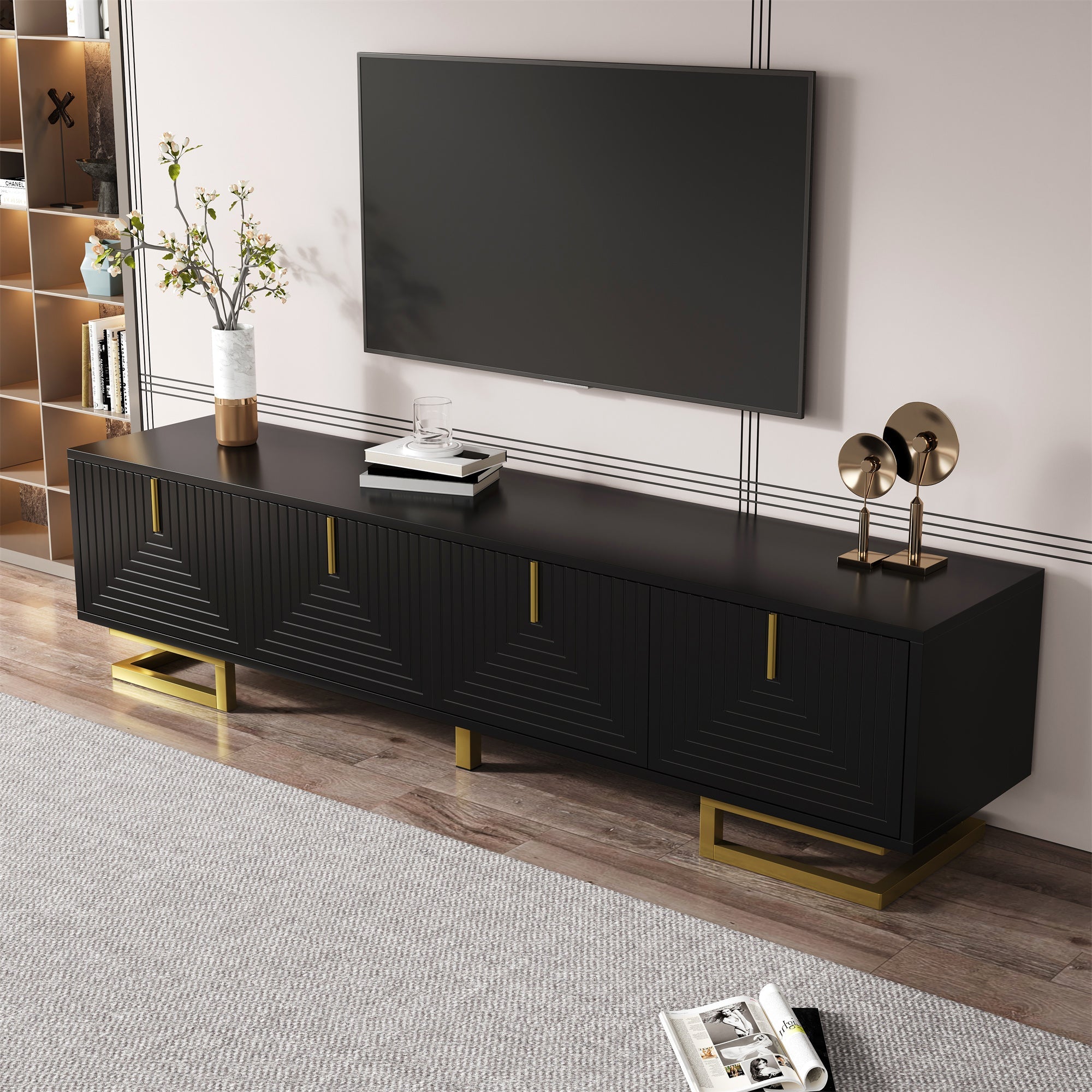 TV Cabinet Lowboard with Textured Doors, Gold Handles and Legs