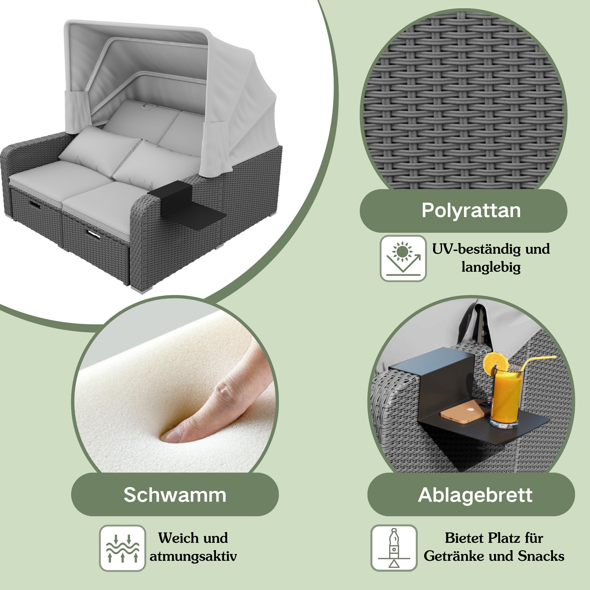 Polyrattan Garden Furniture Set for 2 People with Removable Awning, Grey