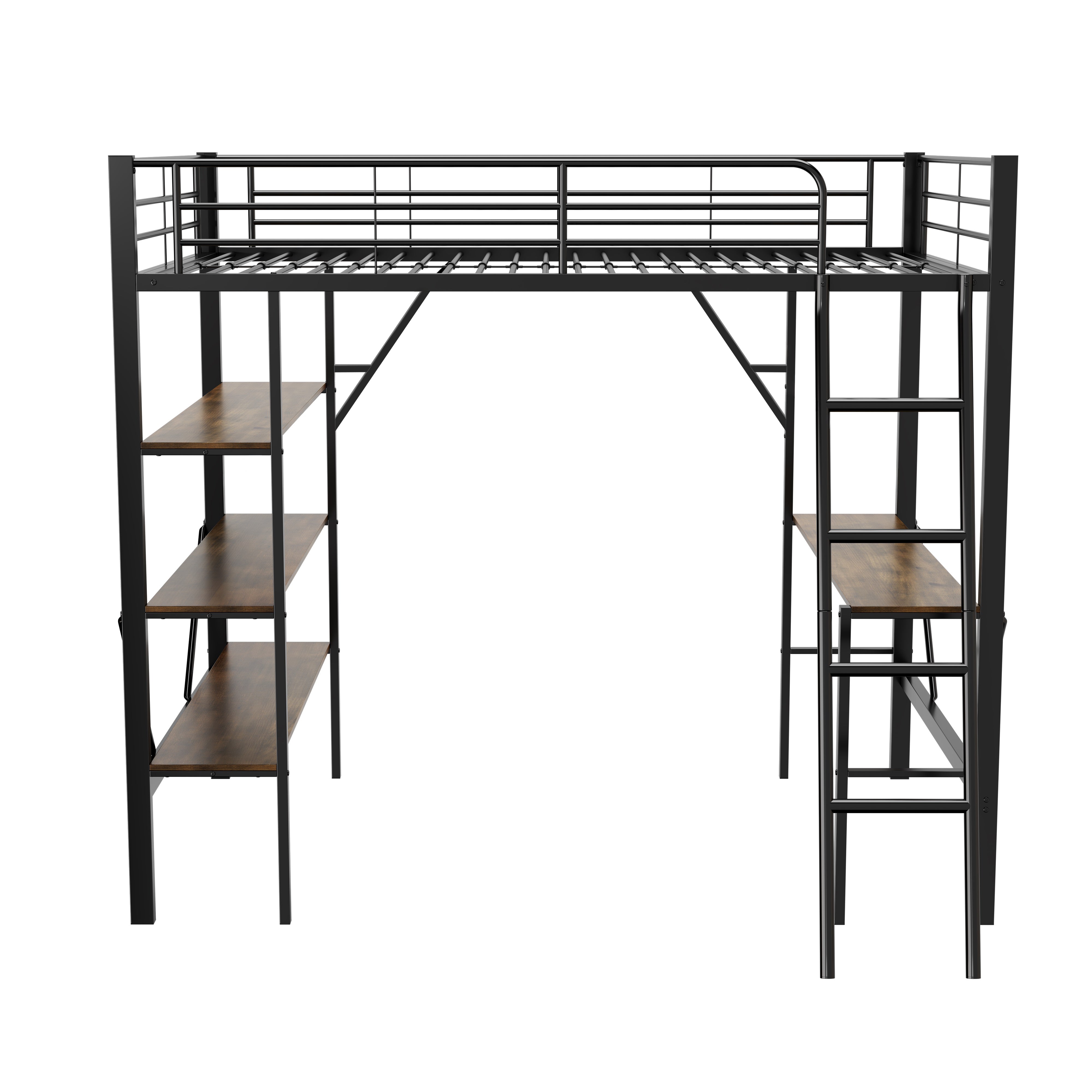 Loft Bed 90x200cm Iron Frame with Desk 3 Shelves Black