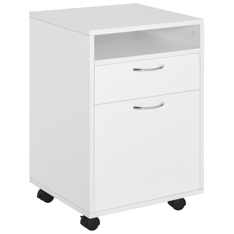 60cm Filing Cabinet with Drawer, Open Shelf, and Wheels, White Engineered Wood