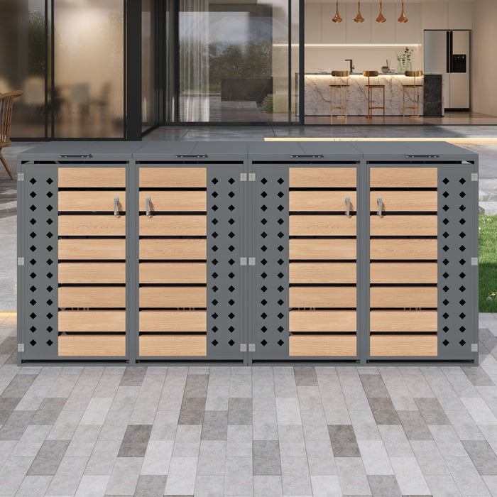 Garbage Can Storage Box with Hinged Lid, Lockable Four Doors, and Diamond-Shaped Hollow Panels, Metal
