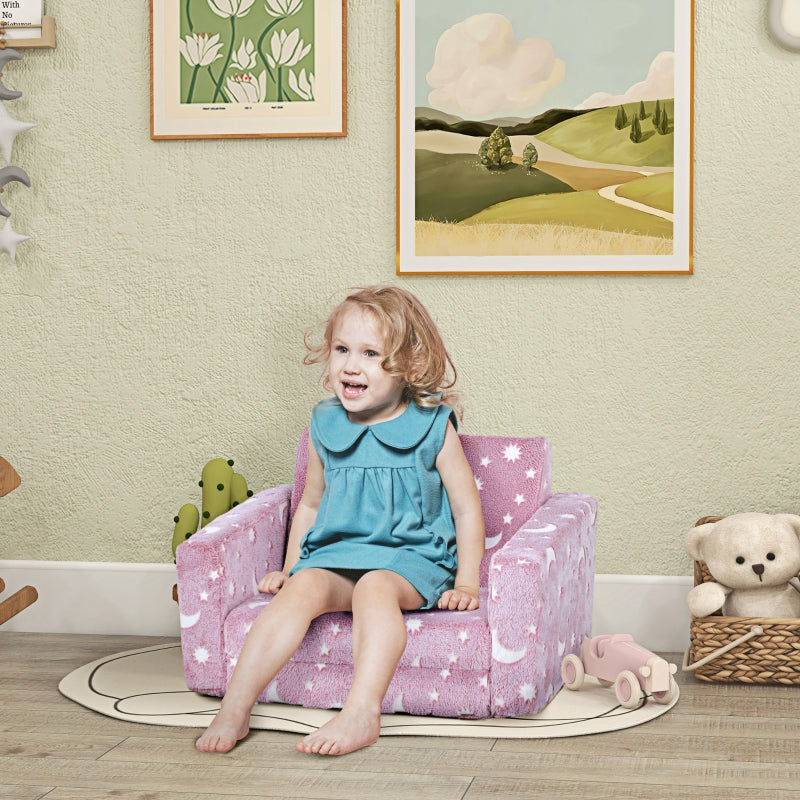 2 in 1 Kids Folding Bed Armchair, Glow in The Dark Cosmic Design Washable, Pink