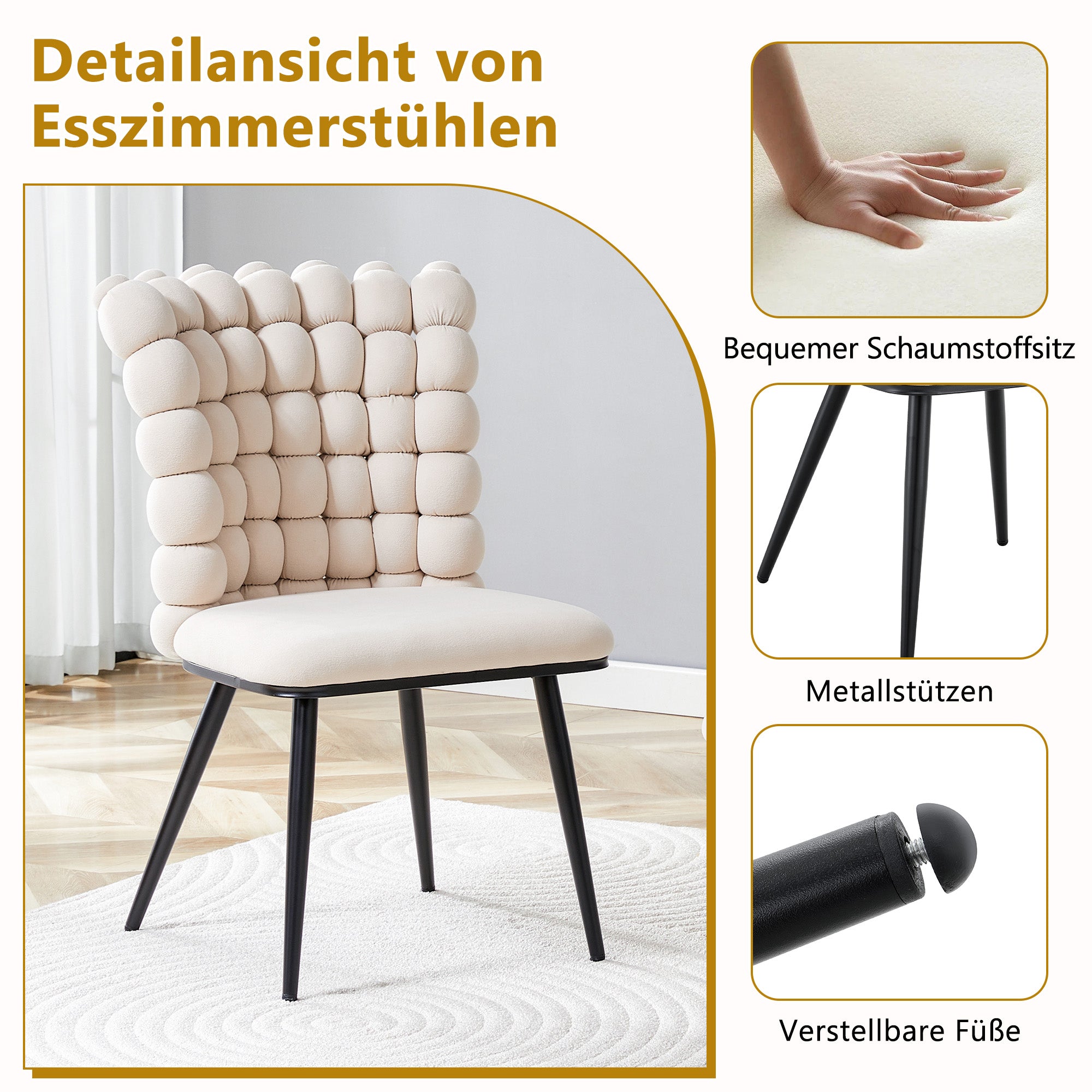 Velvet Dining Chairs Set of 2 Ball Design Metal Legs - Cream White