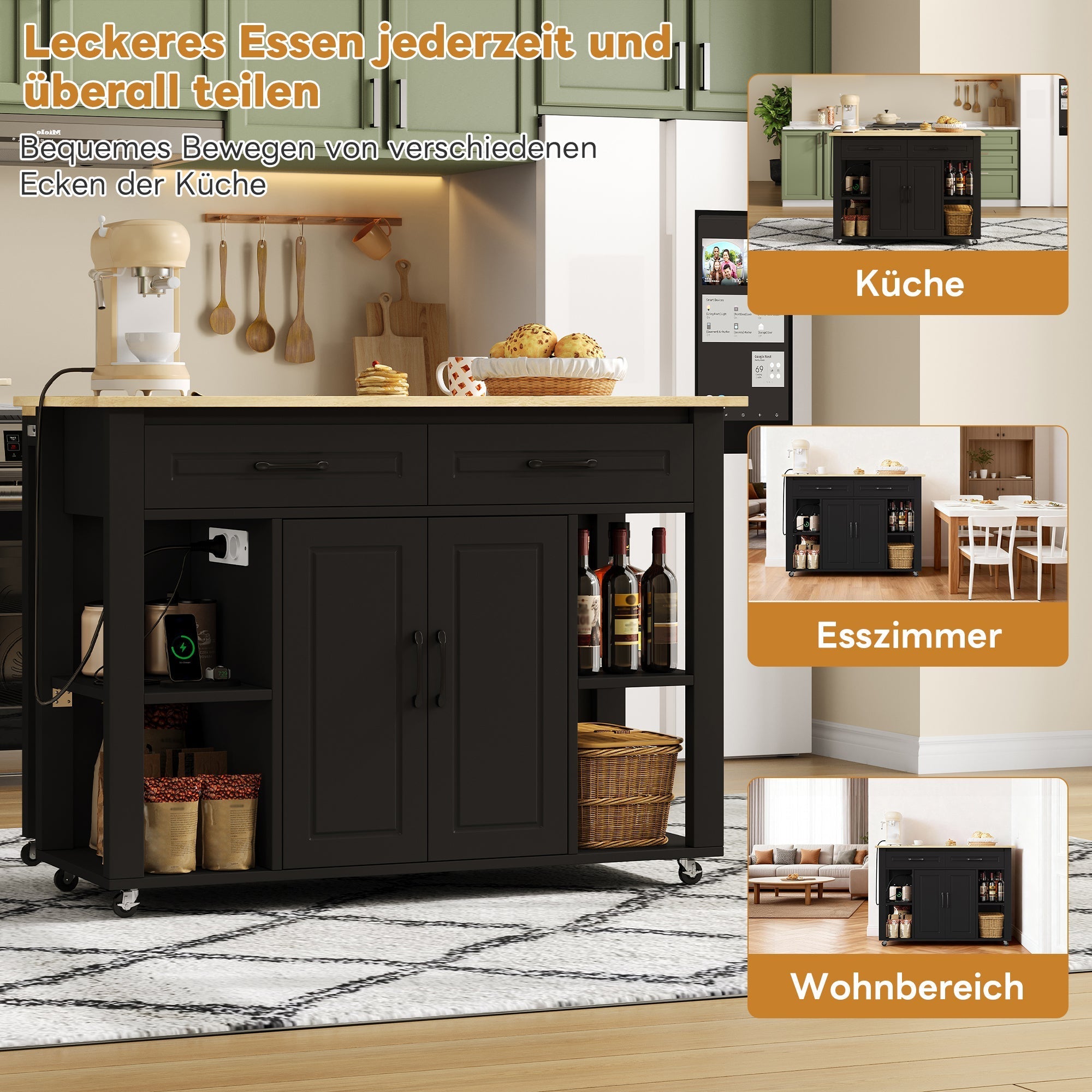 Mobile Kitchen Island with Extendable Bar Counter and Power Outlets, Wood Look