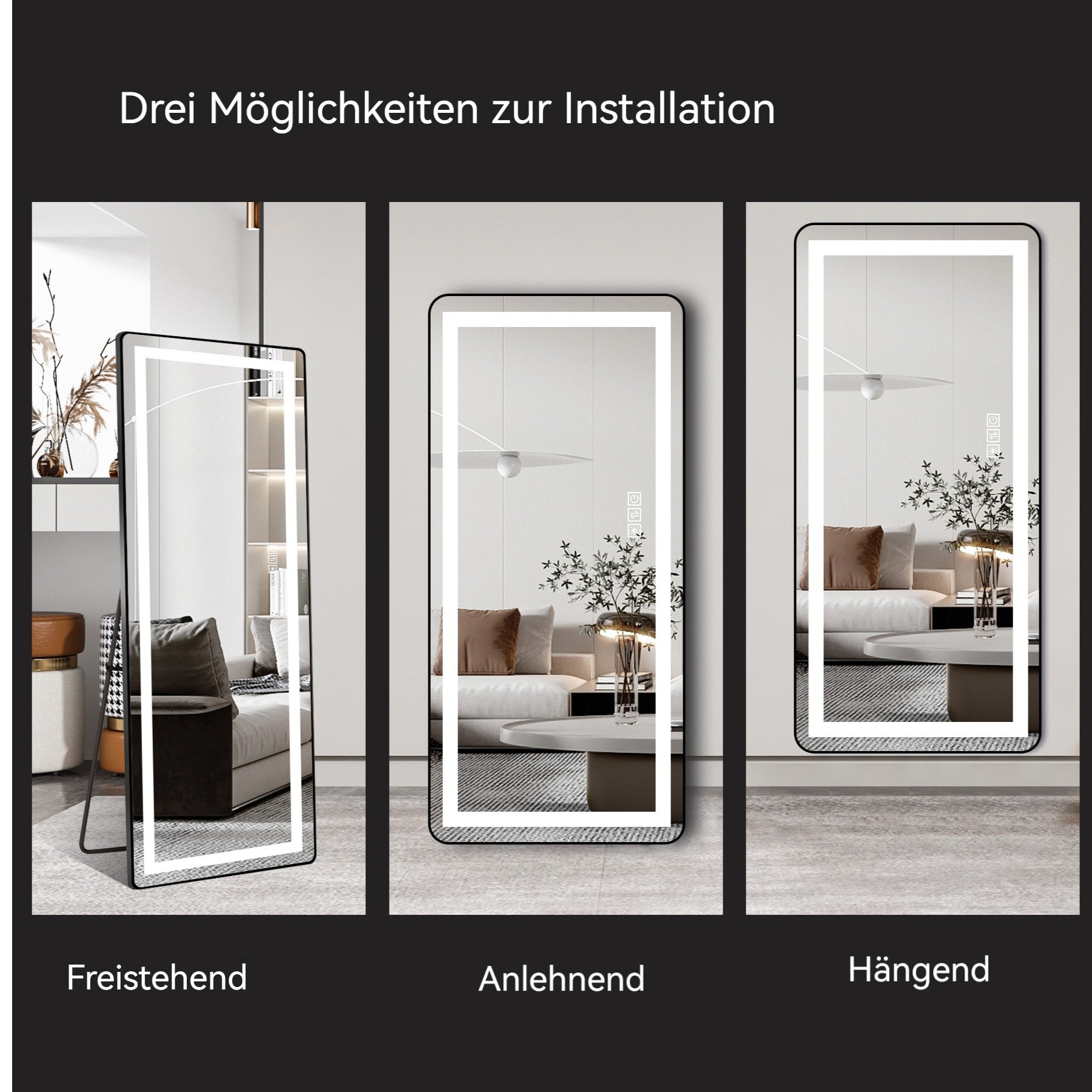 Ganzkörper-Standspiegel, LED-Dimmfunktion 163x54CM, Aluminiumlegierung Schwarz