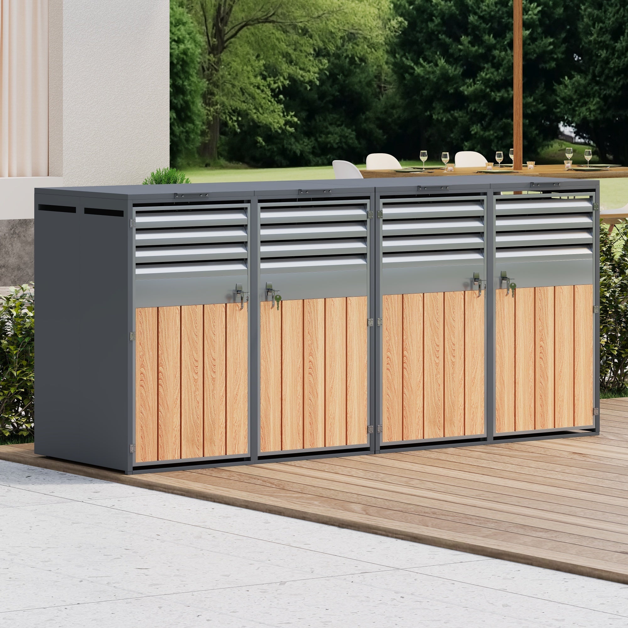 Bin Storage Box with Hinged Lid, Louvered Ventilation and 4 Lockable Doors, Metal