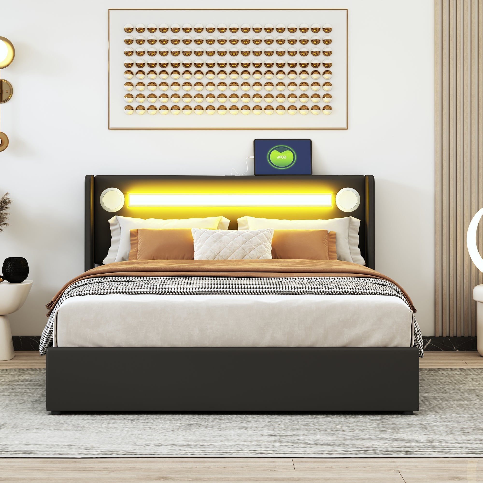 Upholstered Bed, 140x200 LED, Bluetooth & USB, PU Leather Black