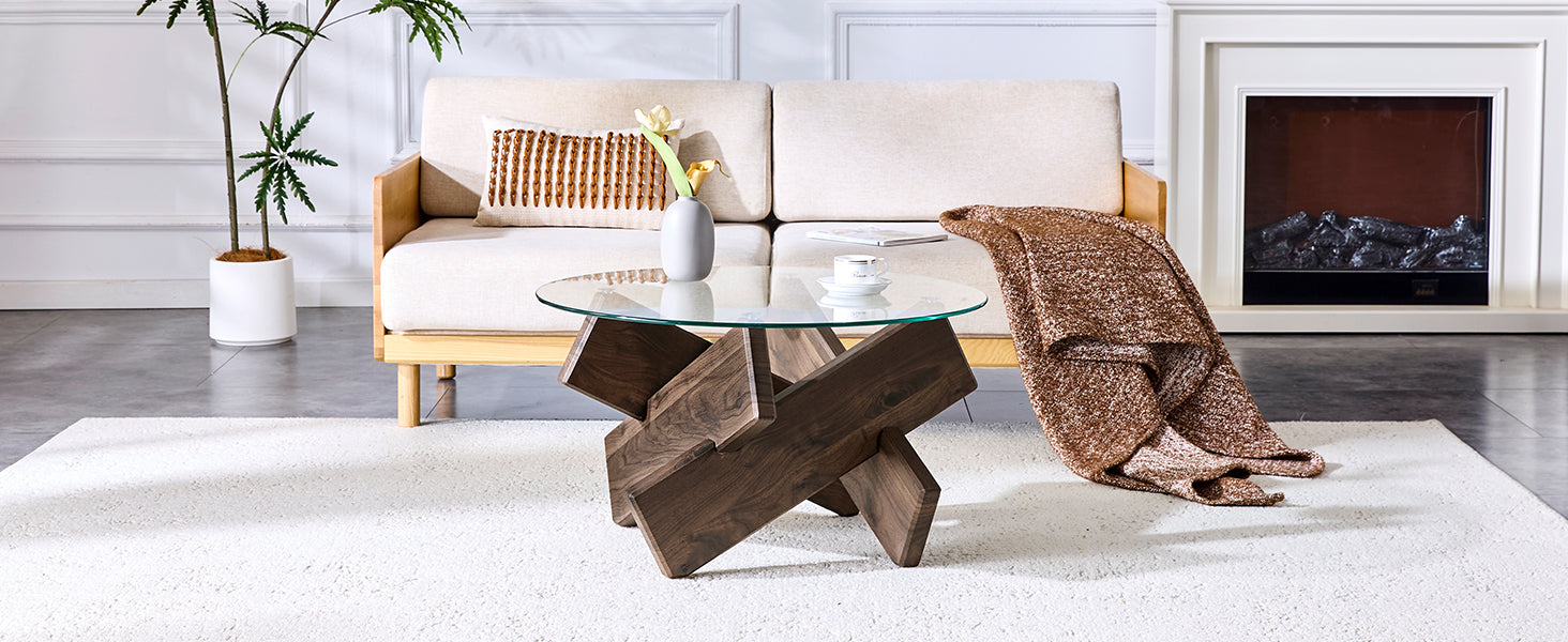 Round Coffee Table 79cm Tempered Glass Top Deep Legs - Walnut Wood Grain MDF