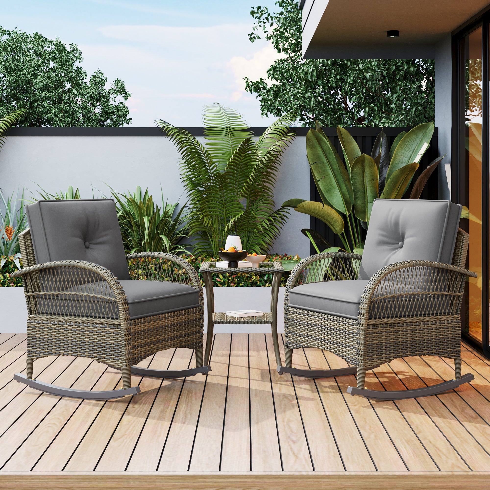 Rattan Balcony Set 3-Piece 160 kg Load Capacity, Grey Cushion