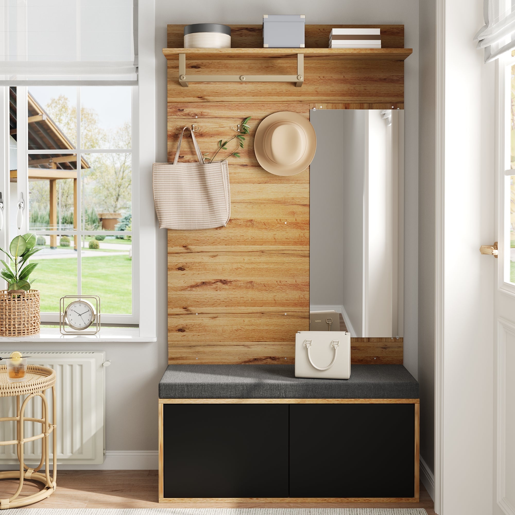 Wardrobe Set Compact Hallway Unit with Mirror, Cushions, and Shoe Cabinet, 100x190x38 cm