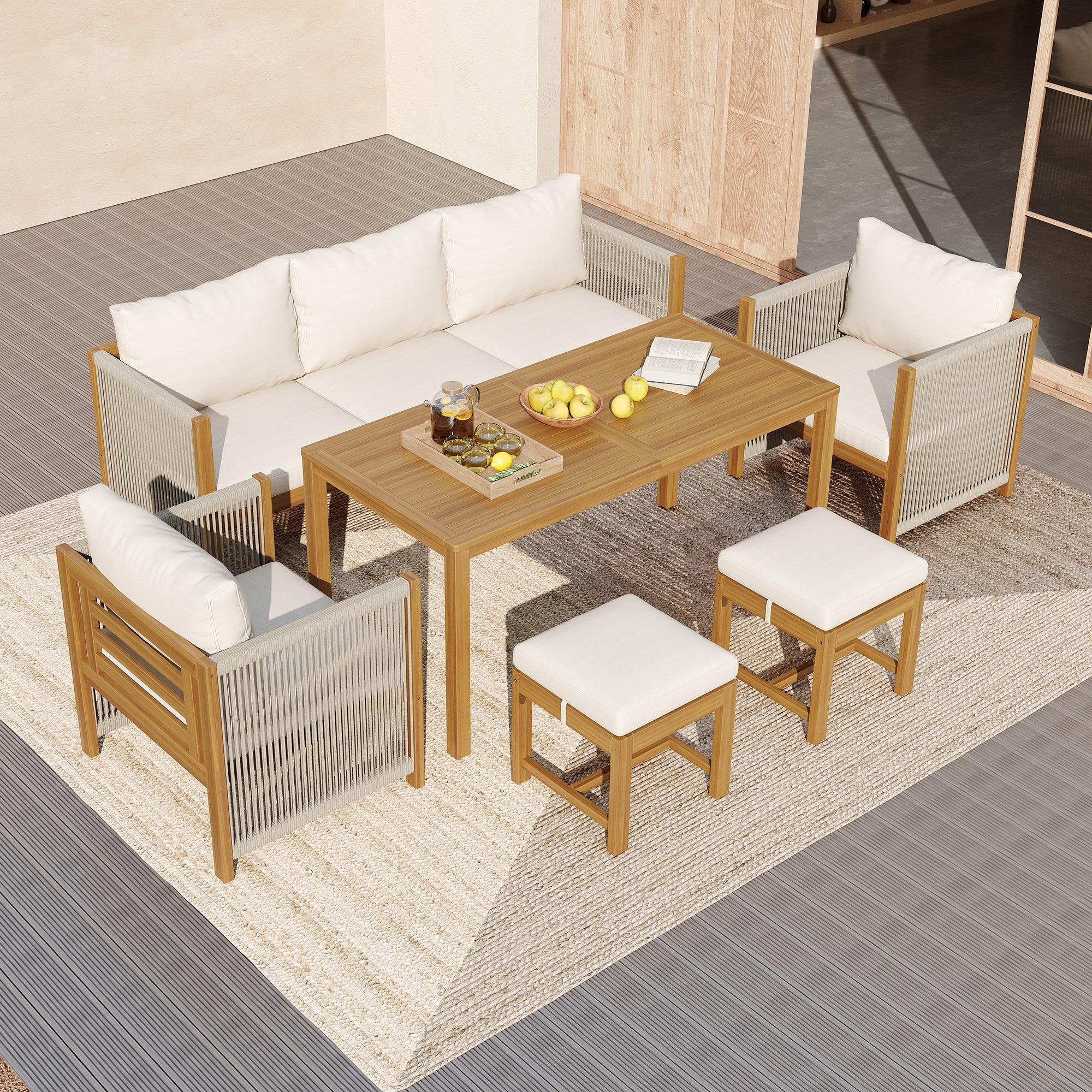 Garden Furniture Set, 6-Piece Modular Sectional with 3-Seater Sofa, 2 Chairs, 2 Stools and Acacia Table, Beige