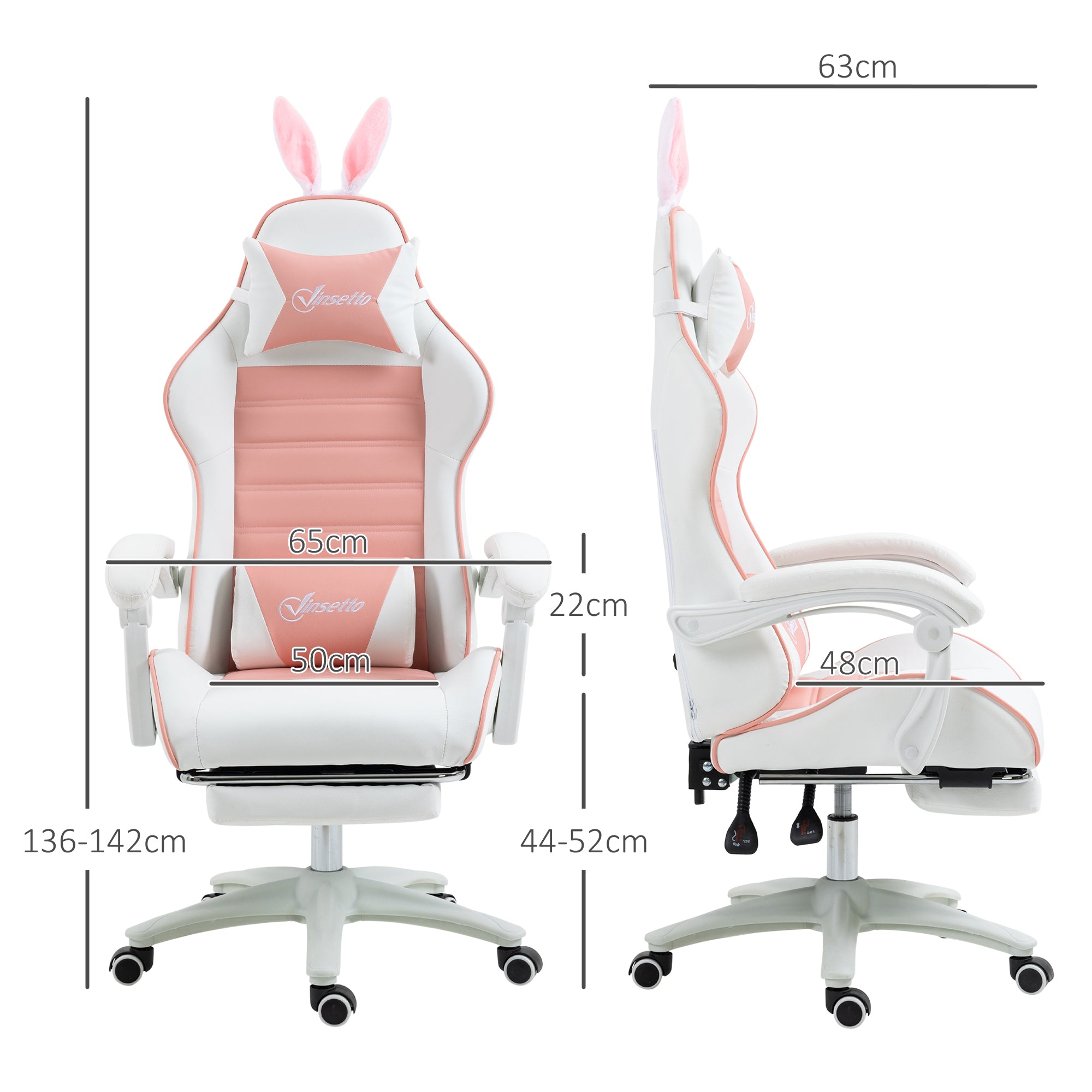Racing Gaming Chair Reclining with Rabbit Ears Footrest Pink PU Leather