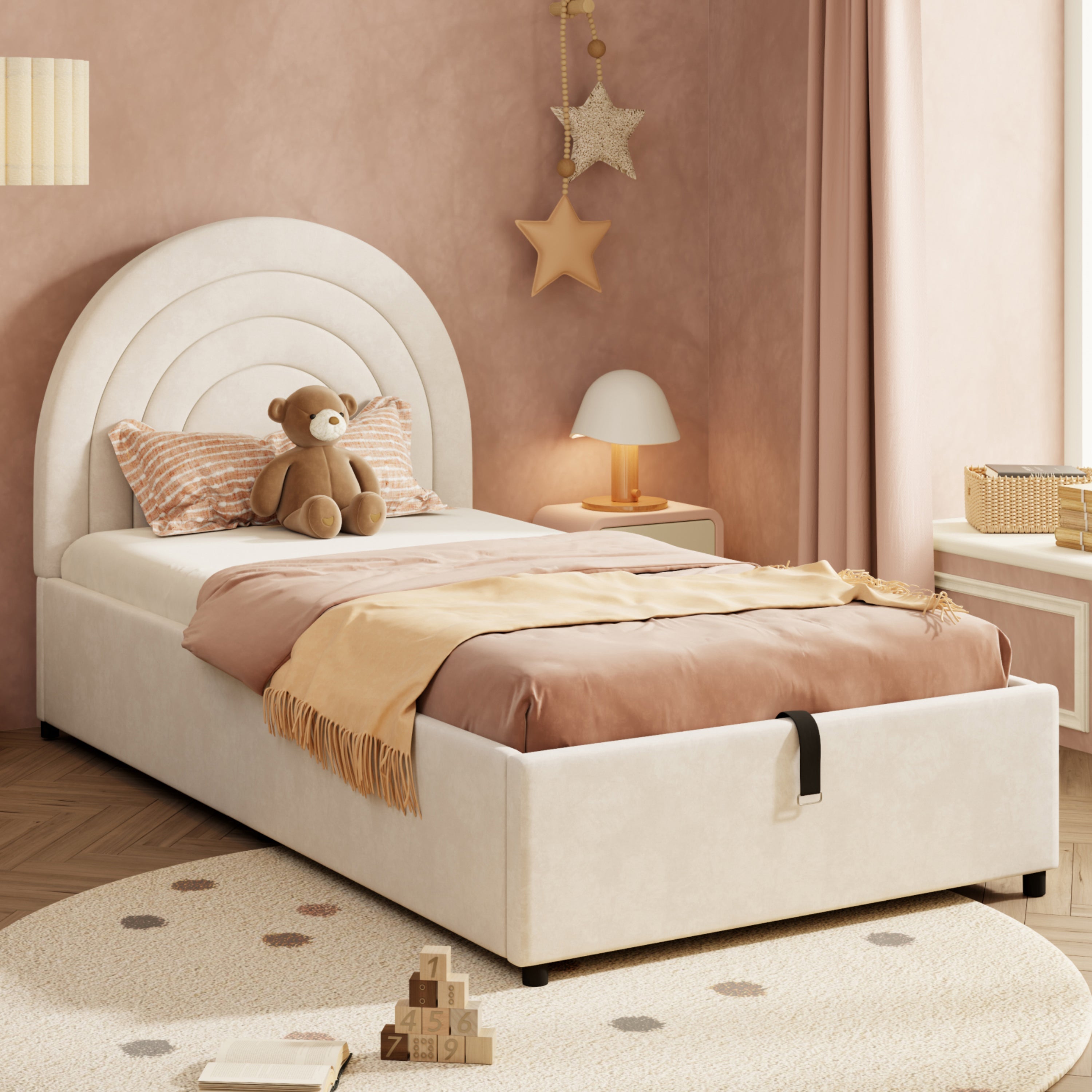 Upholstered Bed 3ft Single Slatted Frame Headboard Velvet Beige