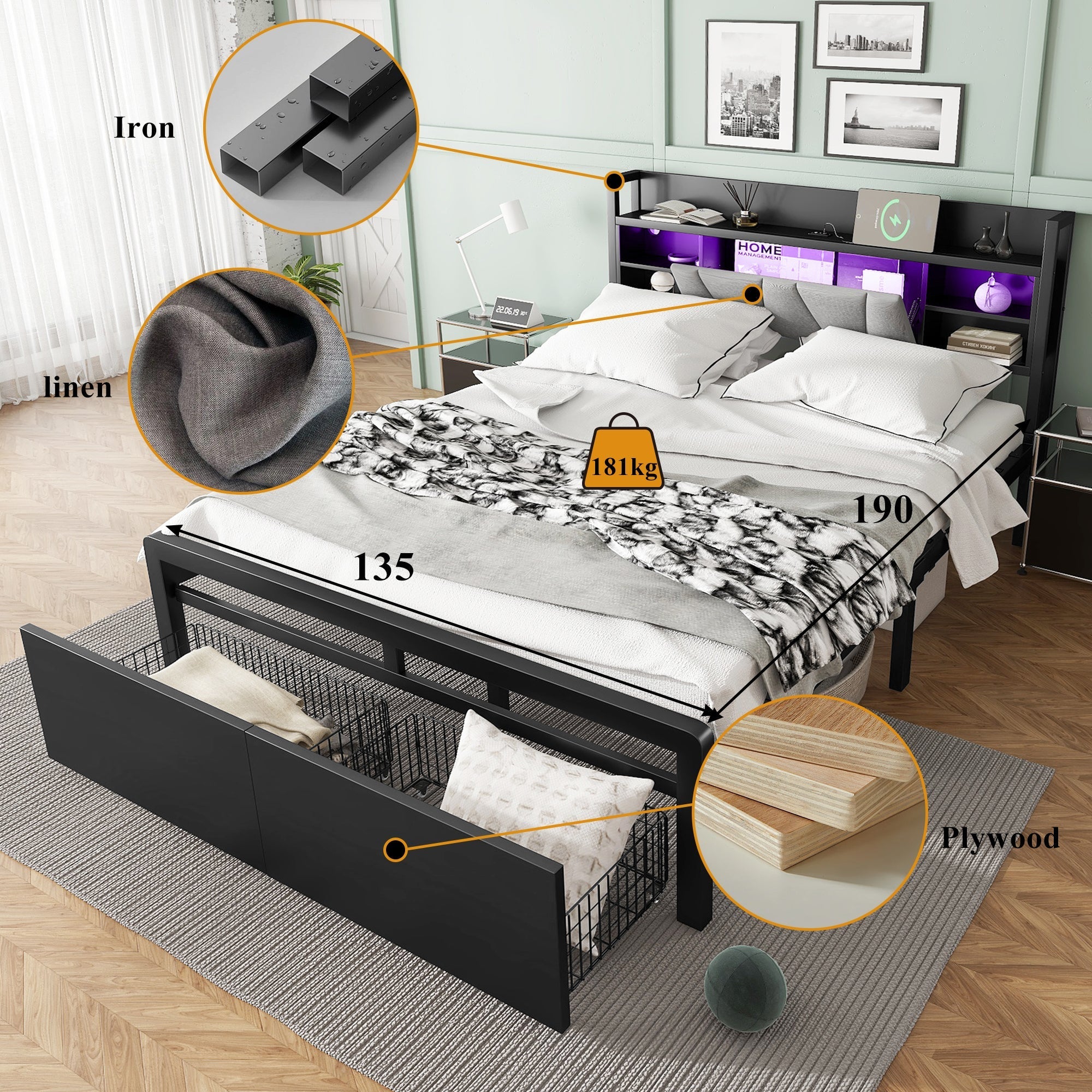 Metal Iron Bed 4ft6 Double 135x190cm with LED Lights & Charging Port, 2 Drawers & Storage Headboard, Black